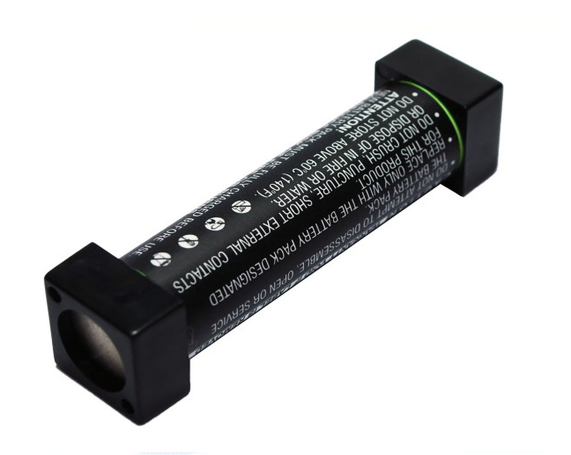 Schwarze zylindrische Batterie mit Sicherheitshinweisen, in einem schwarzen Kunststoffhalter.