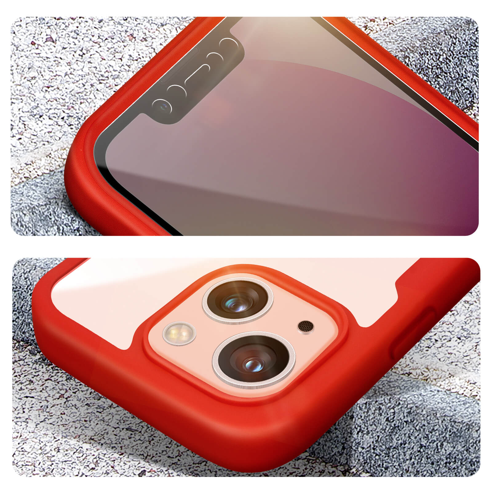 Primo piano di una custodia rossa per telefono. Lo schermo è visibile, con bordo rosso.
