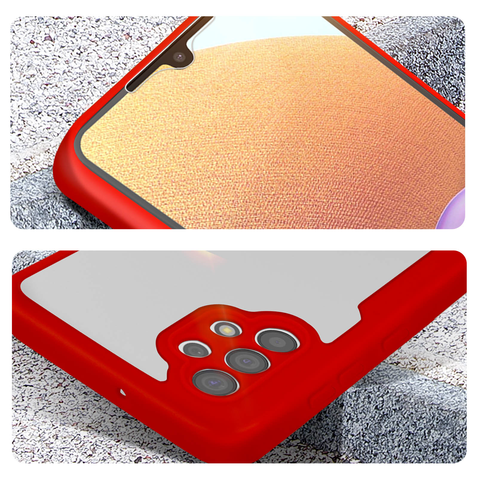 Custodia rossa per telefono con cornice rossa, che mostra la fotocamera e lo schermo del telefono.