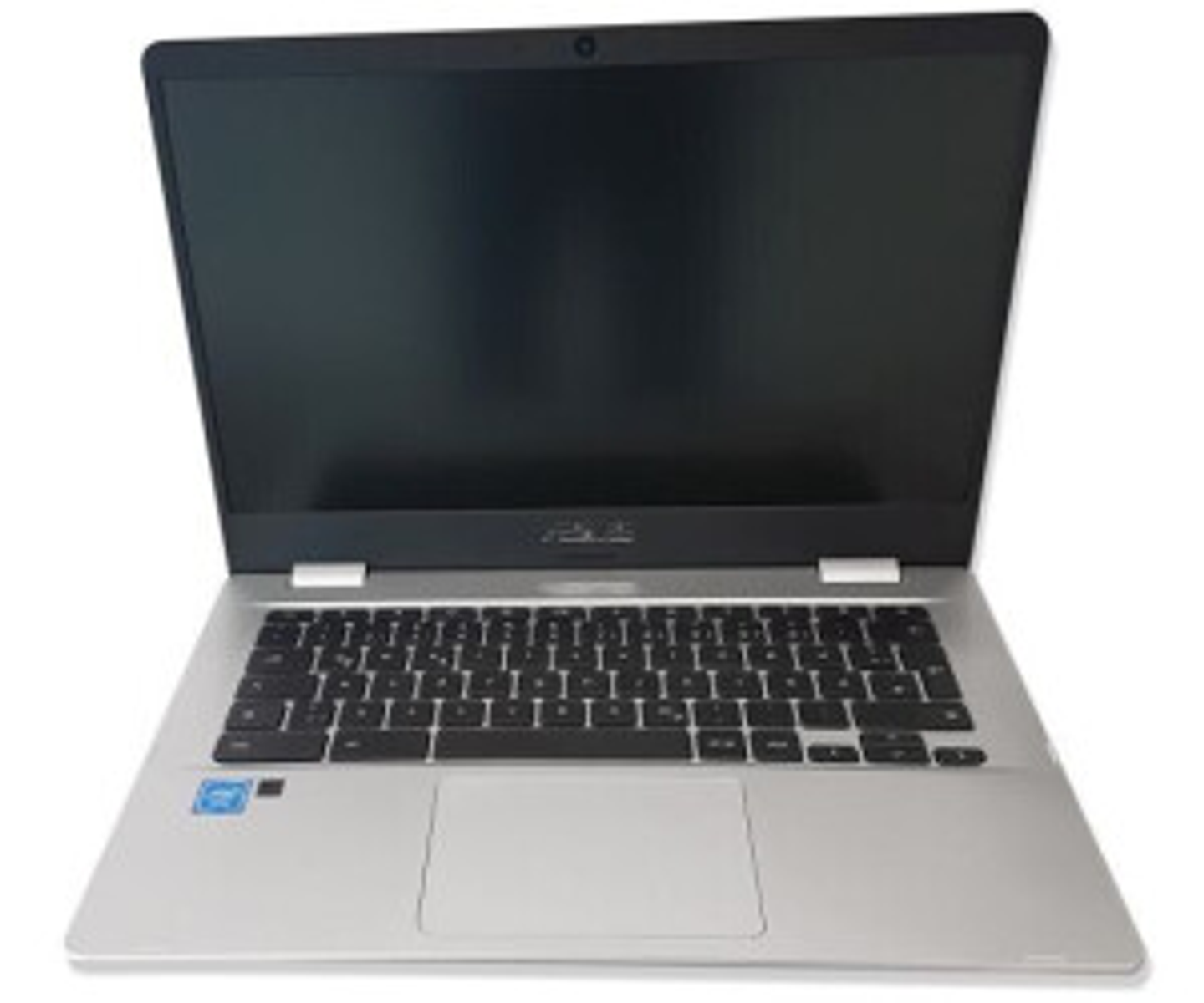 Silberner Laptop mit schwarzem Bildschirm und Tastatur. Der Markenname 'ASUS' ist sichtbar.