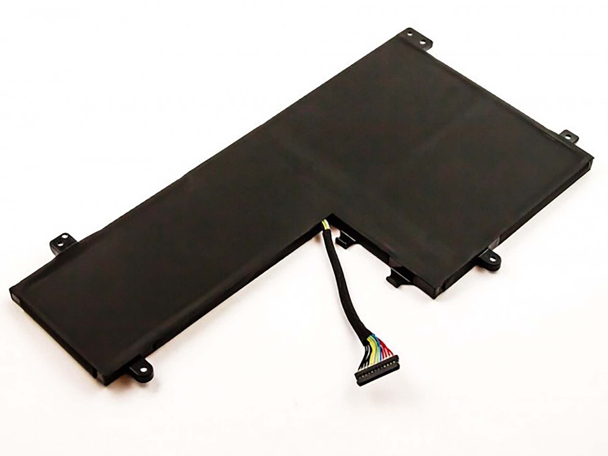 Ein schwarzer Laptop-Akku. Er hat einen Anschluss.