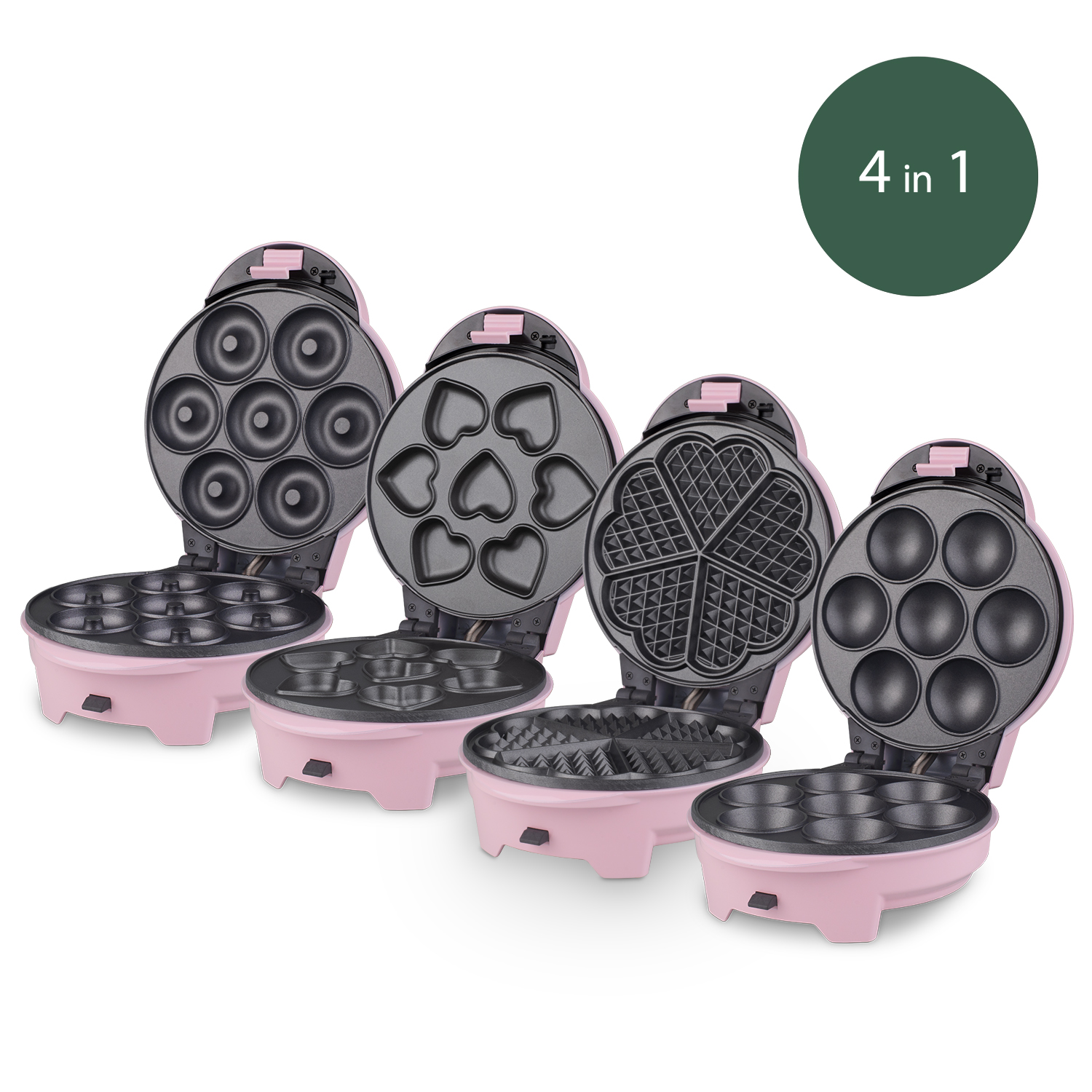 Mini gofrera rosa 4 en 1 con varias placas de cocción. Fondo blanco.