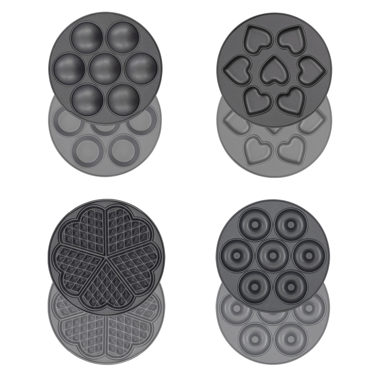 Cuatro placas de gofrera diferentes, con diferentes formas: círculos, corazones, gofres y rosquillas.