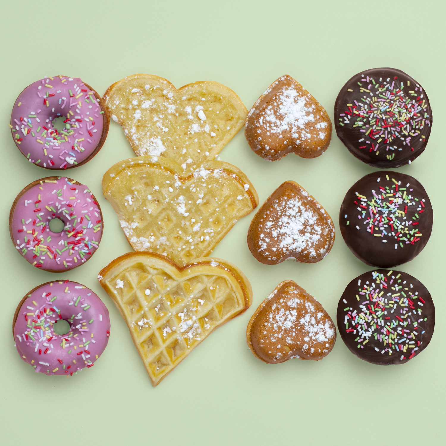 Vista superior de donas con chispas, gofres en forma de corazón y pasteles en forma de corazón.