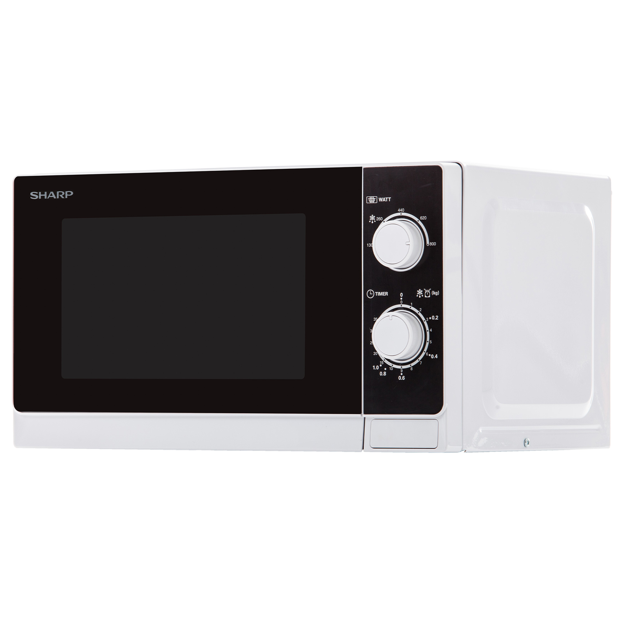 Un horno microondas Sharp blanco, vista lateral. Cuenta con una puerta negra y panel de control.
