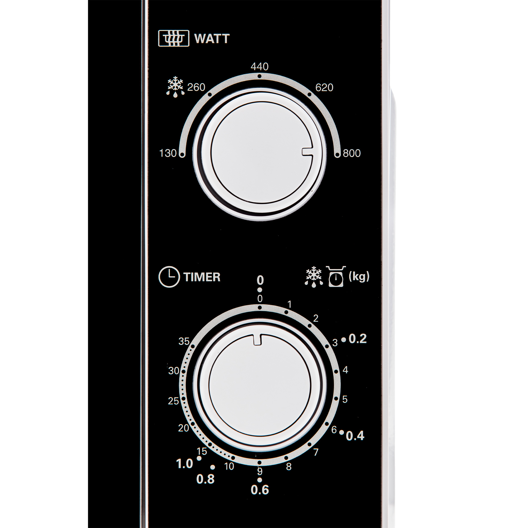 Un panel de control en blanco y negro de un microondas. Incluye perillas para potencia, temporizador y peso.