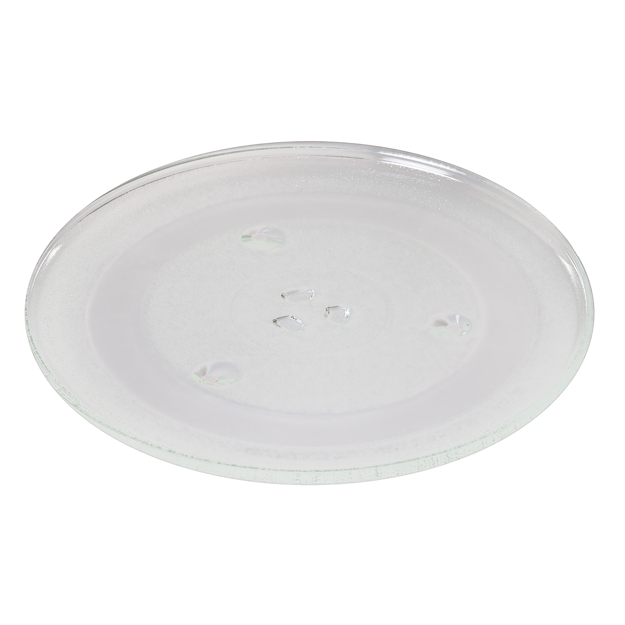 Plato de cristal transparente para microondas. Redondo, con áreas elevadas. Fondo blanco.