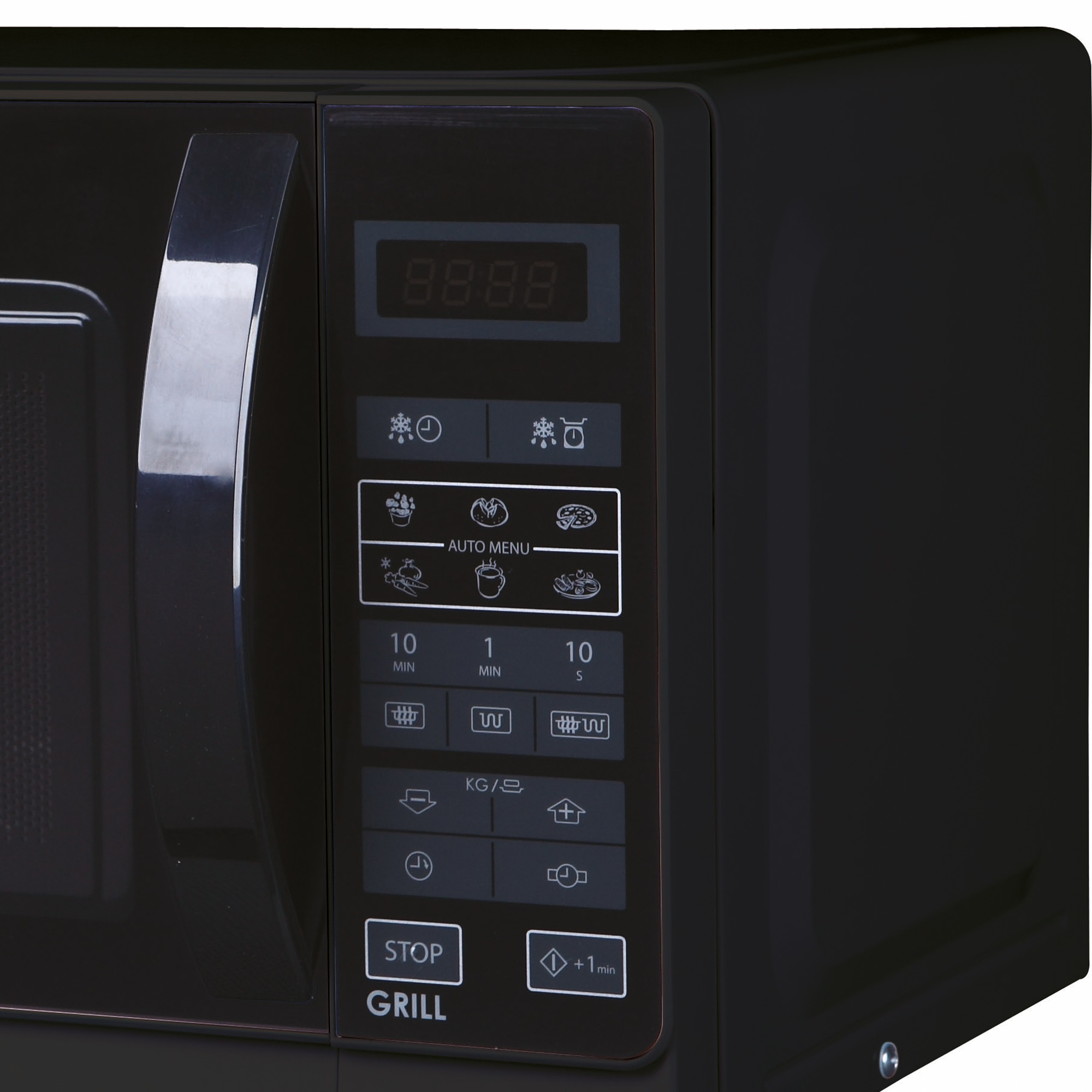 Zbliżenie panelu sterowania czarnej kuchenki mikrofalowej z przyciskami i wyświetlaczem.