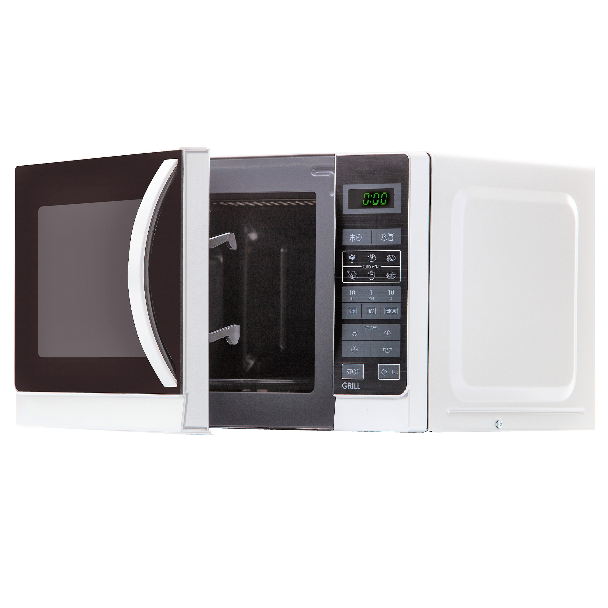 Biała kuchenka mikrofalowa z otwartymi drzwiami. Wyświetlacz 0:00.
