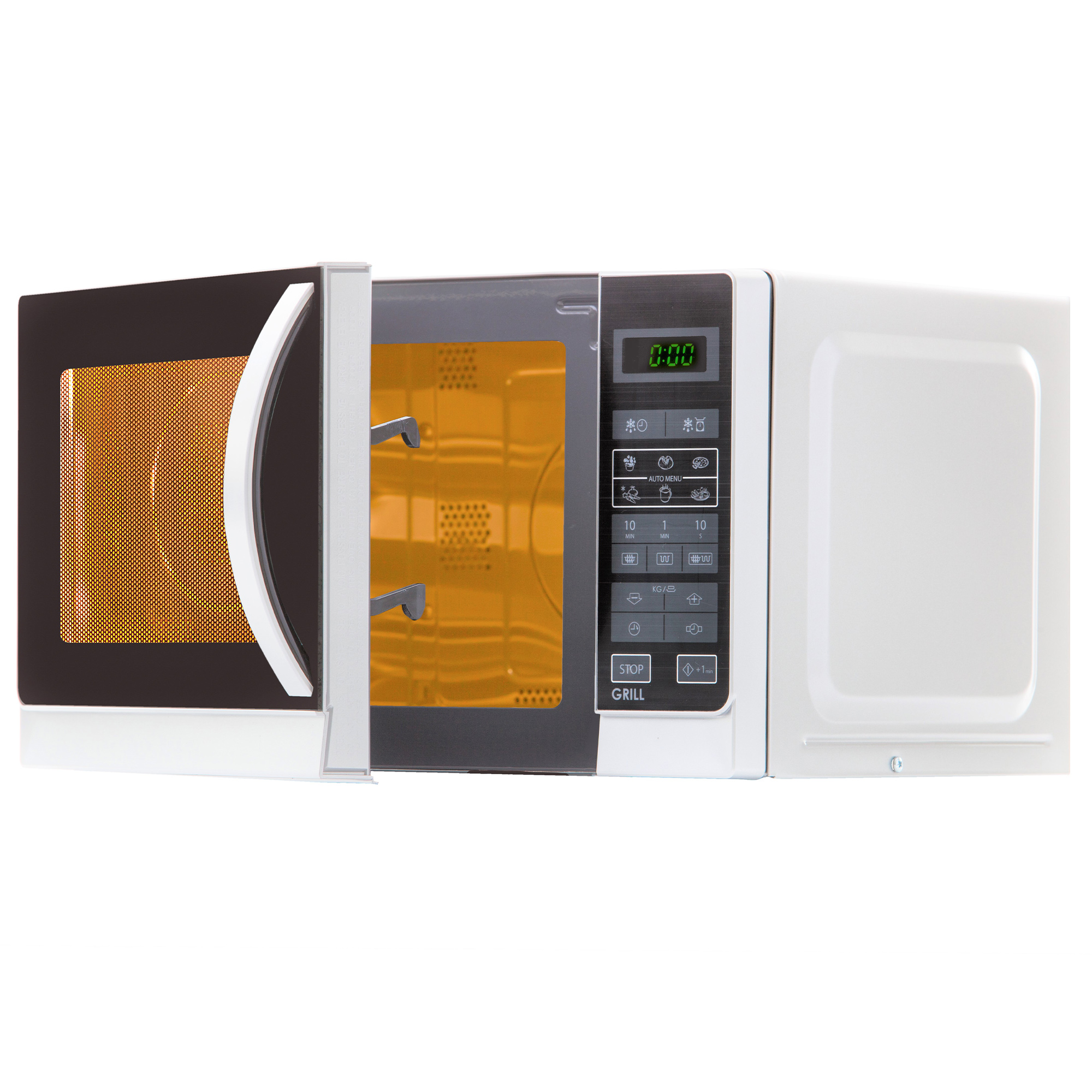 Kuchenka mikrofalowa, otwarte drzwi, pokazujące wnętrze ze światłem i panelem sterowania.