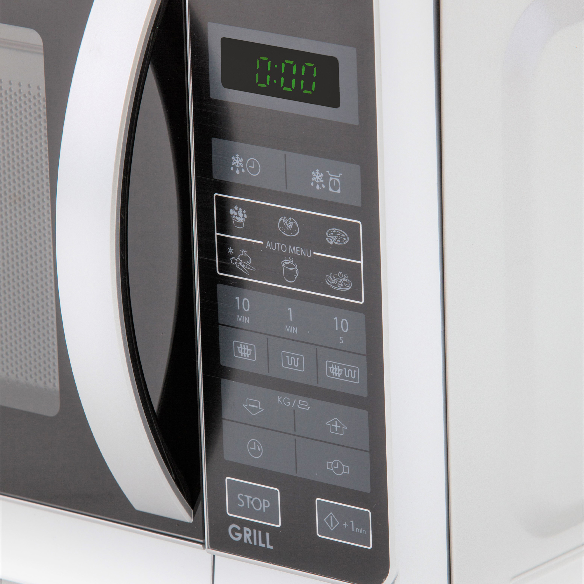 Zbliżenie panelu sterowania kuchenki mikrofalowej. Wyświetla czas, ikony i przyciski do gotowania.