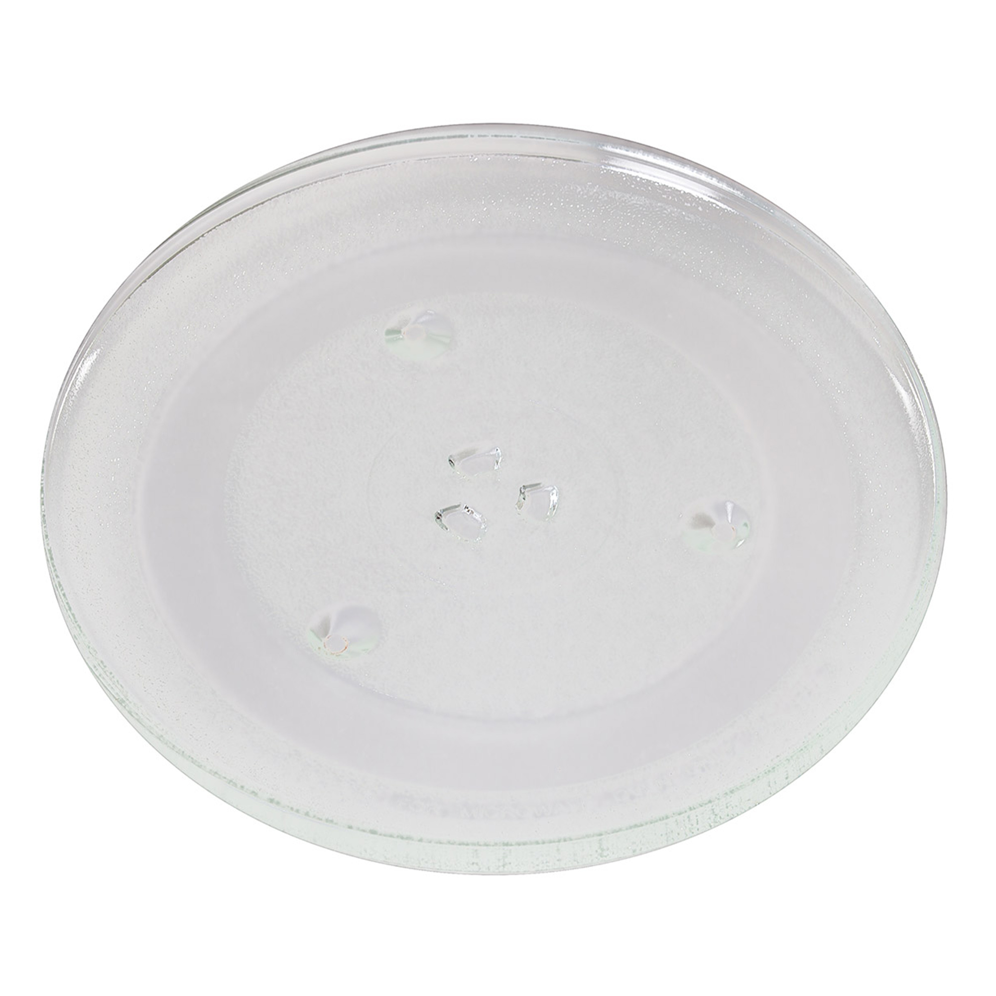 Przezroczysty szklany talerz do kuchenki mikrofalowej. Trzy małe, przezroczyste nóżki są widoczne na spodzie.