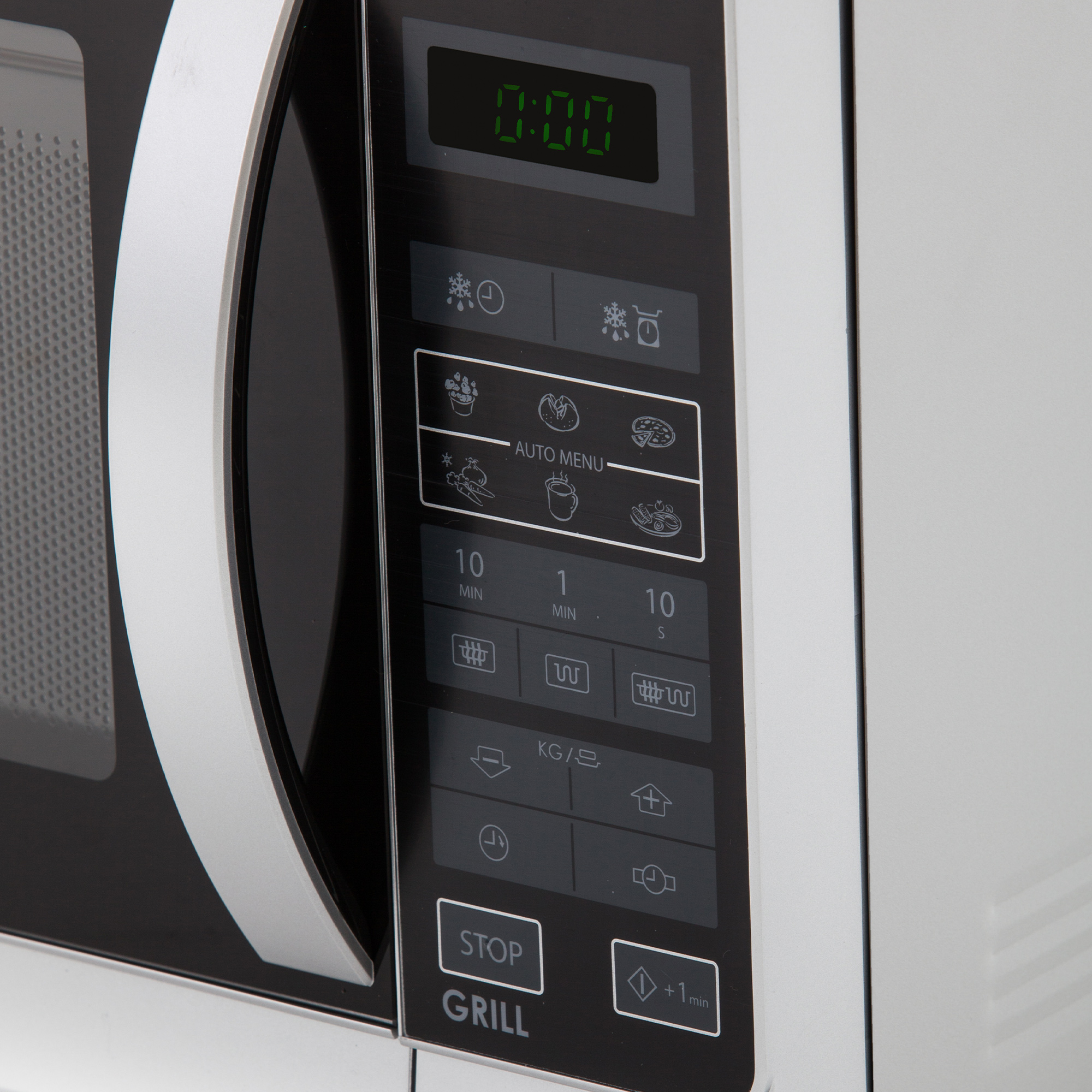 Panel sterowania kuchenki mikrofalowej. Wyświetlacz cyfrowy pokazuje czas. Przyciski menu auto, czasu i stop. Uchwyt drzwi ze stali.