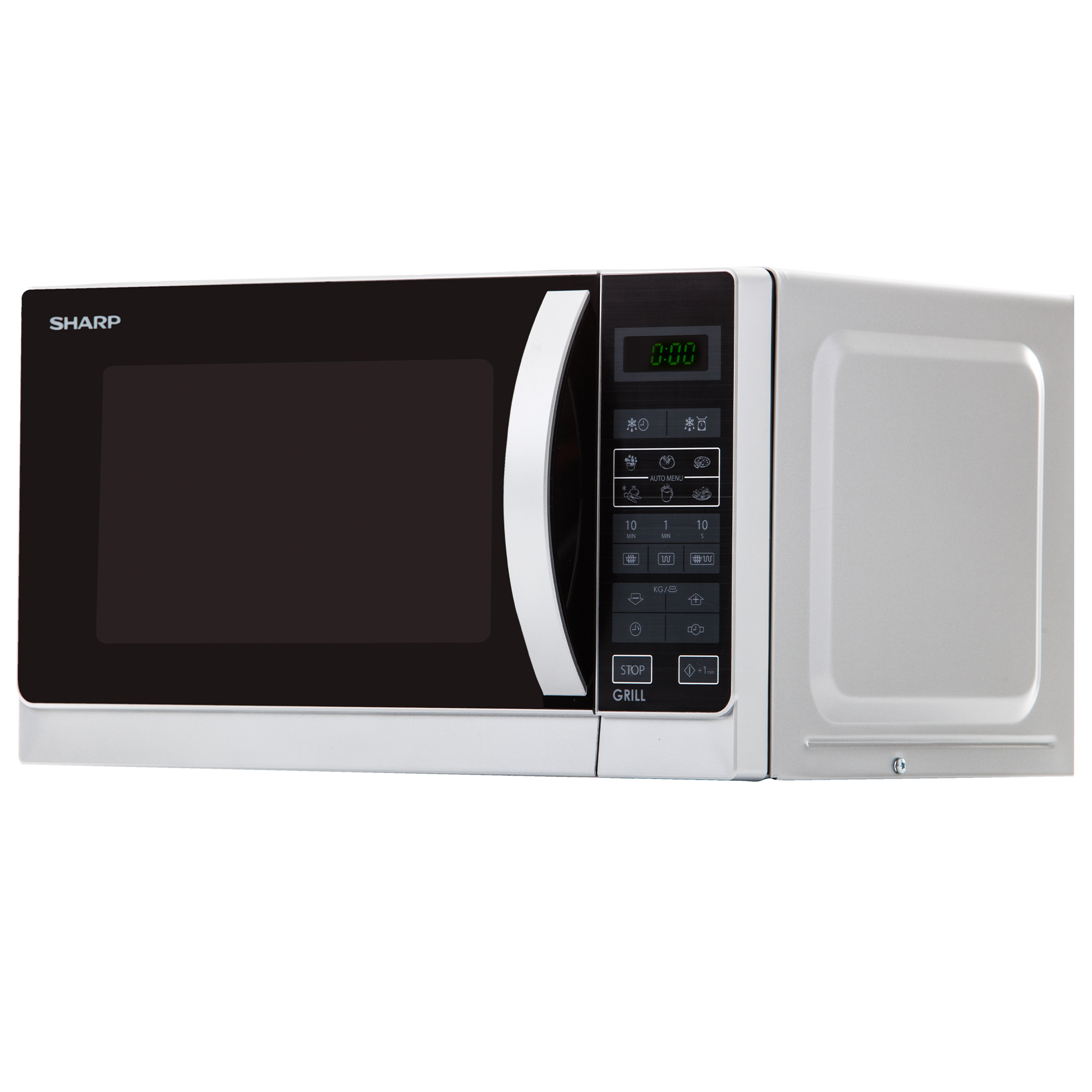Biała kuchenka mikrofalowa z czarnymi drzwiami i cyfrowym wyświetlaczem. Marka to Sharp.