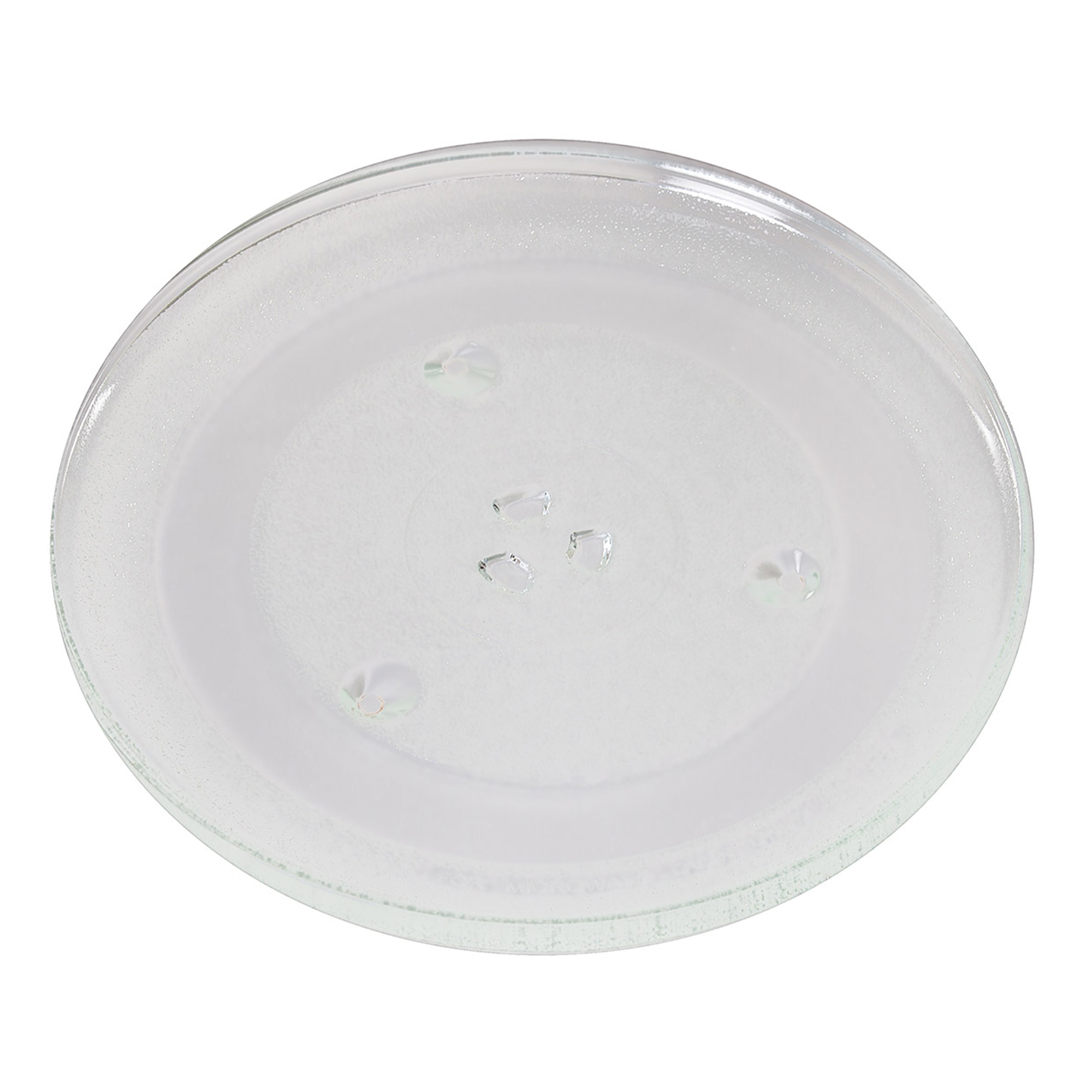 Przezroczysty, okrągły szklany talerz z trzema małymi wypukłościami, na białym tle.