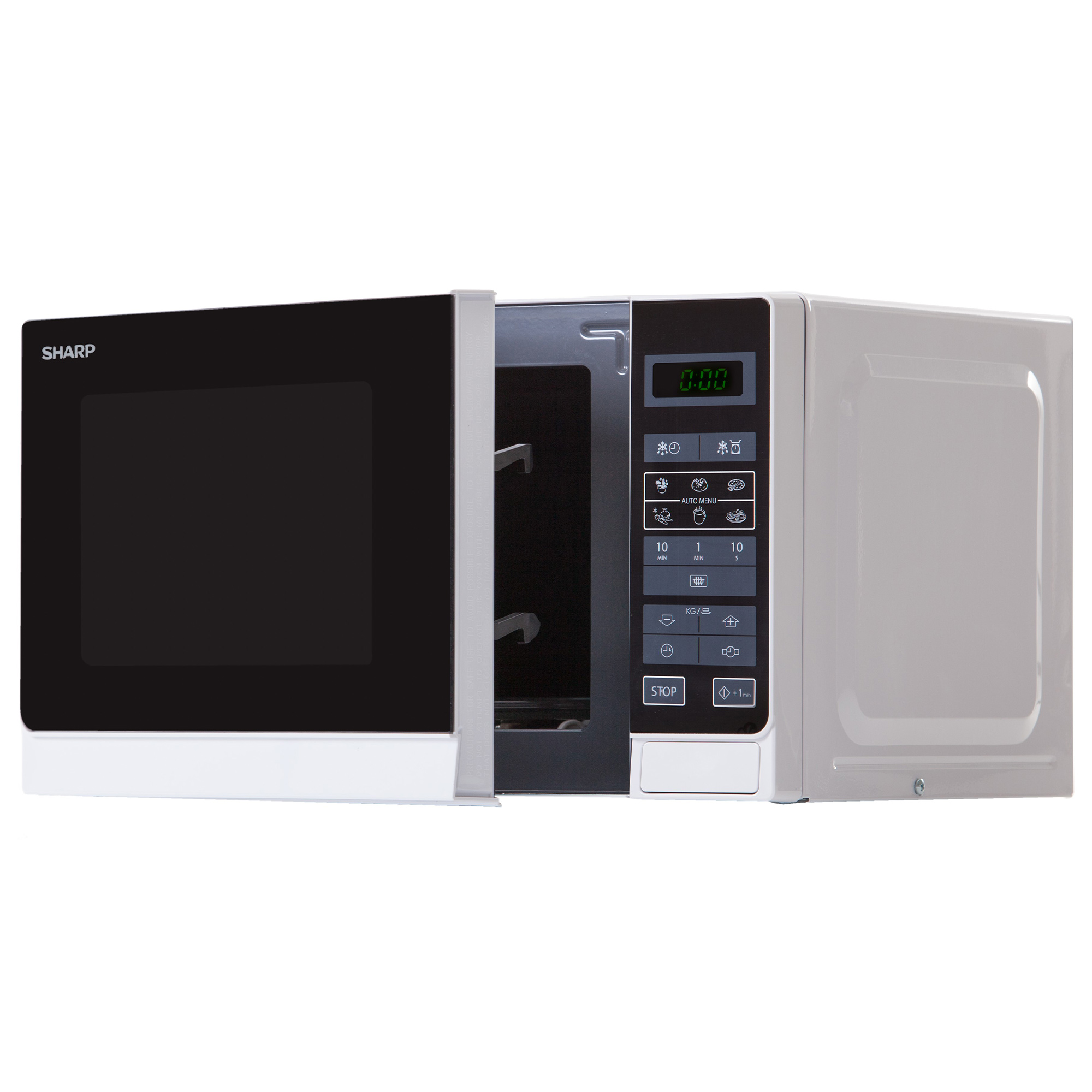 Forno a microonde con la porta aperta e il pannello di controllo visibile.