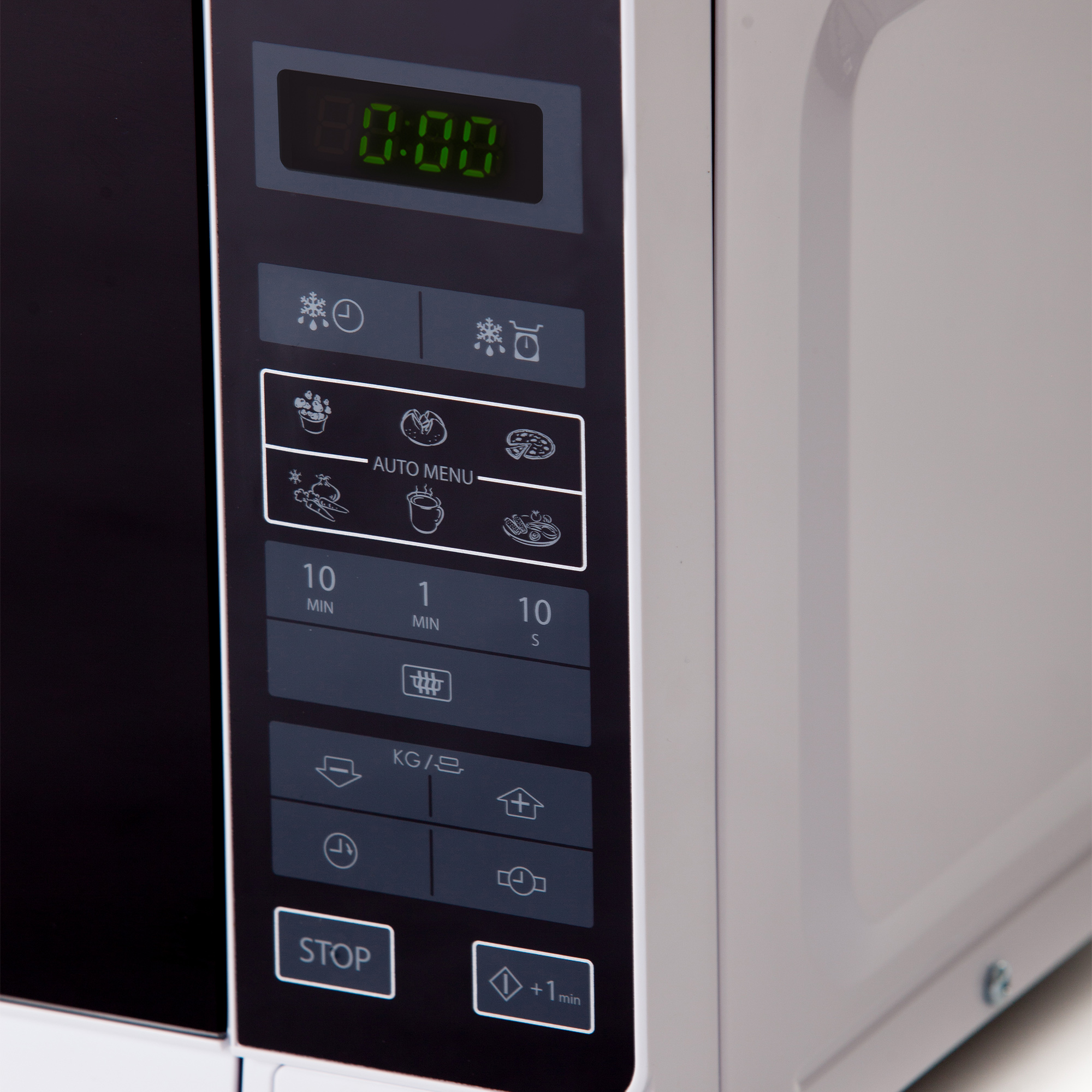 Pannello comandi microonde con display 00:00 e pulsanti per le impostazioni.