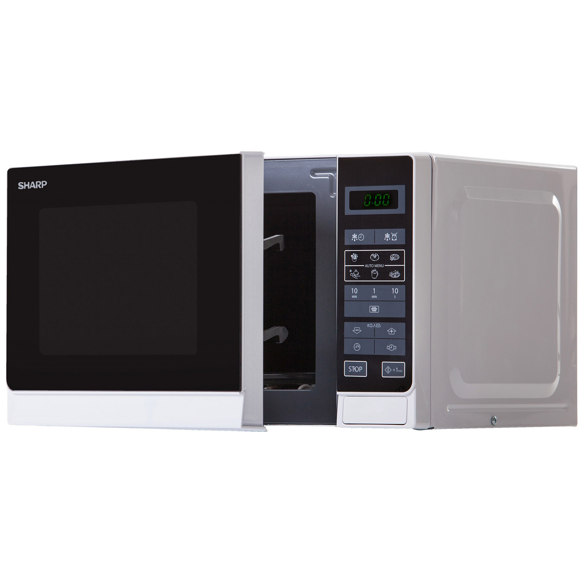 Otwarty piekarnik mikrofalowy, z wnętrzem i kontrolkami, biało-czarny design.