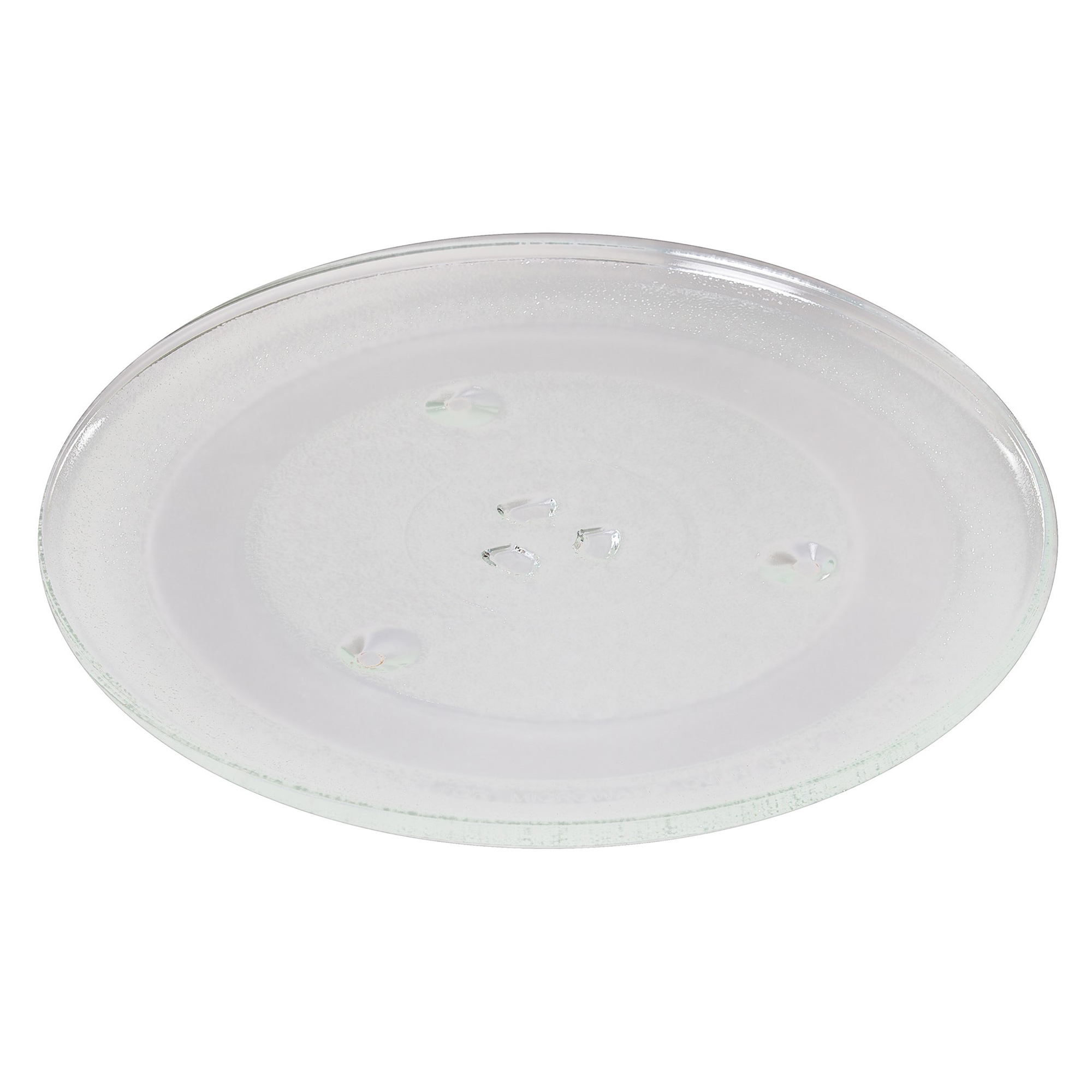 Przezroczysty, okrągły szklany talerz z wgłębieniami, do kuchenki mikrofalowej. Białe tło.