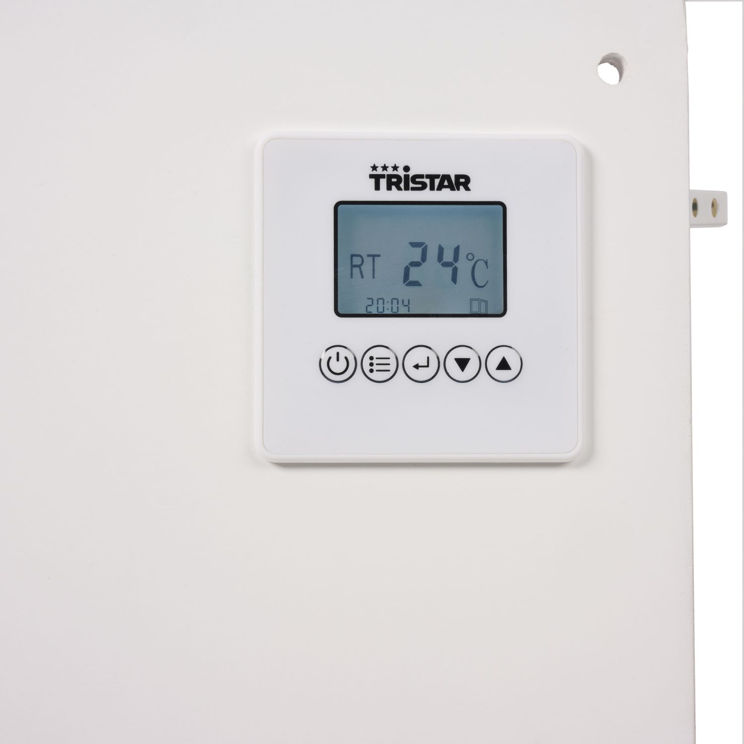 White thermostat displays 24°C and time. Buttons and a screen are on a white wall.