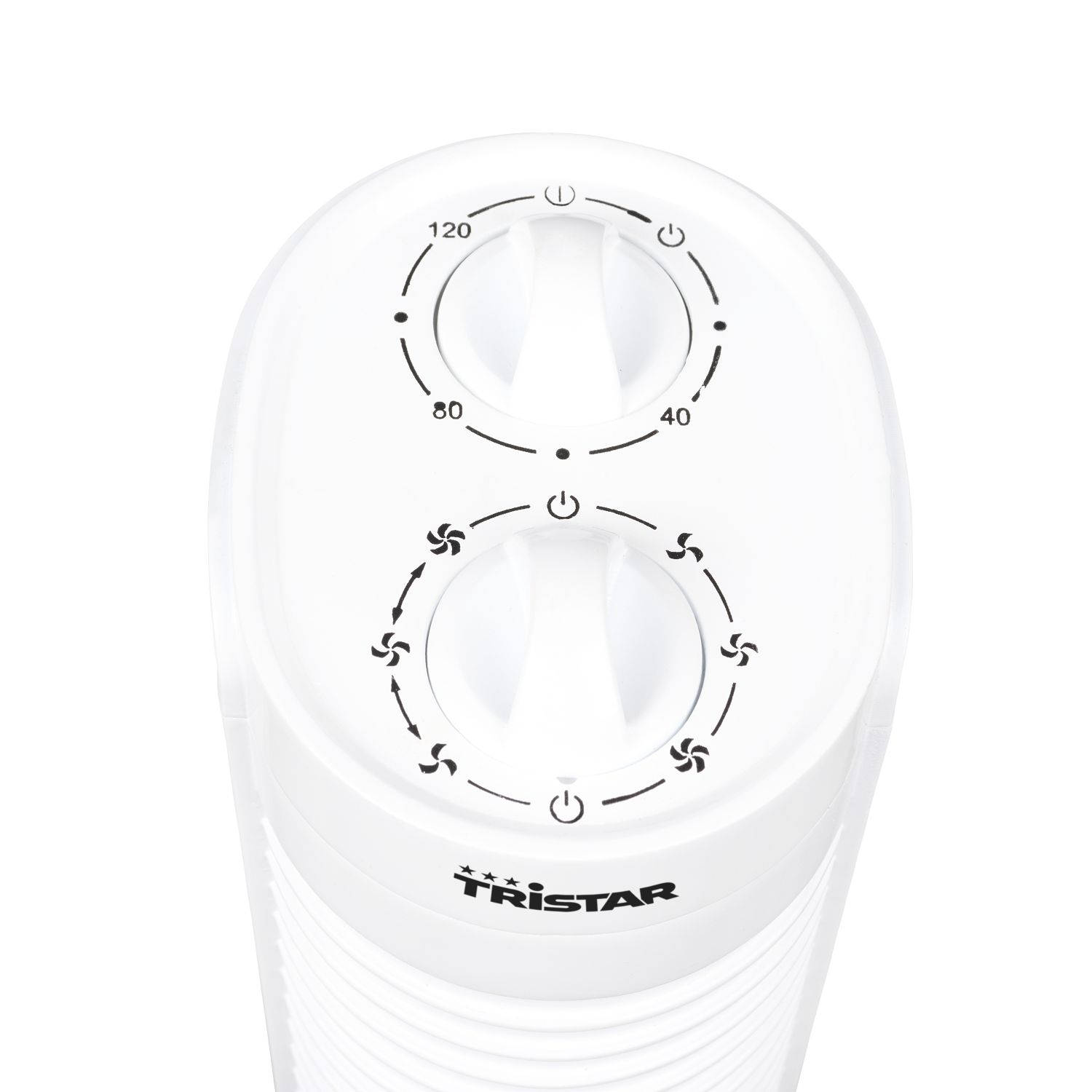 Biały wentylator z pokrętłami sterowania. Pokrętła są oznaczone liczbami i symbolami wentylatora.