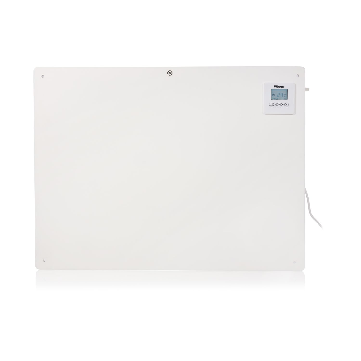 White wall-mounted heater with digital display and a power cable.
