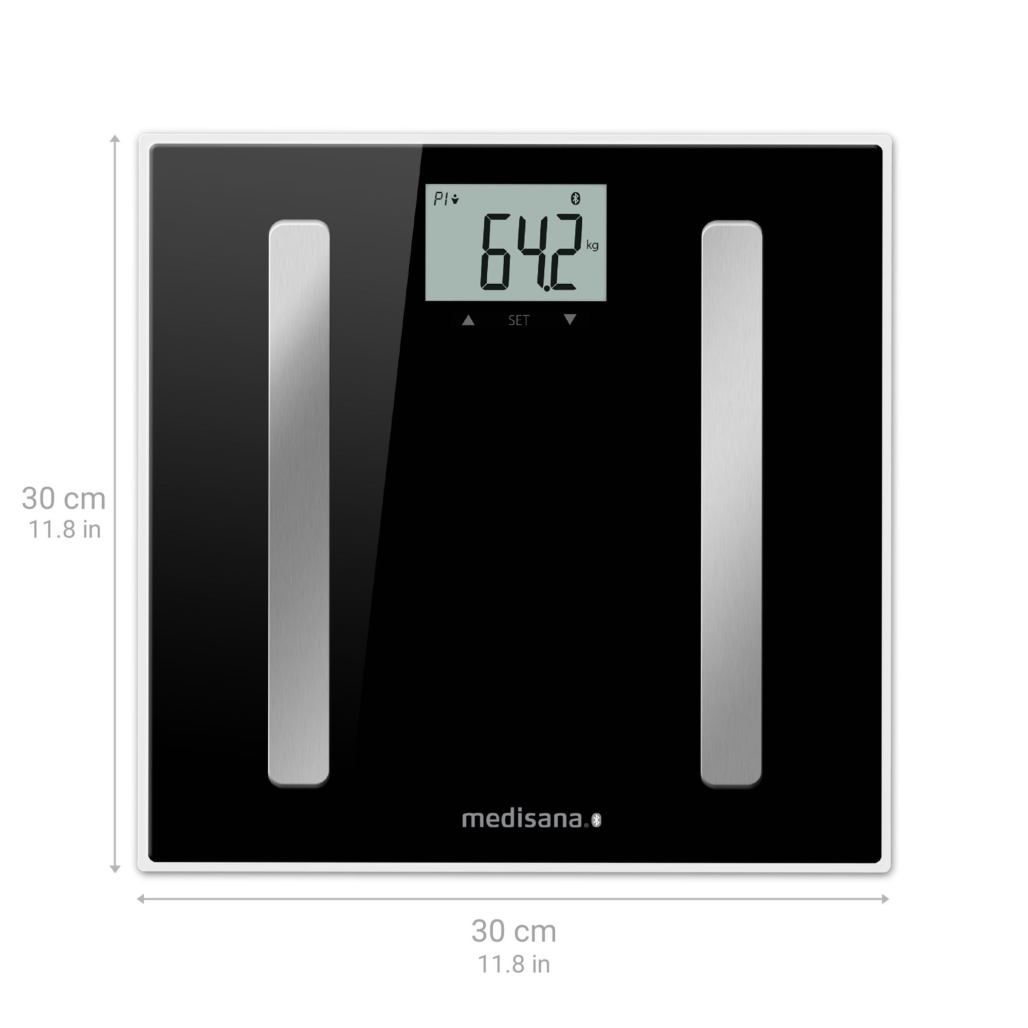 Zwarte digitale weegschaal, gewicht 64,2 kg. Witte achtergrond, zilveren balken.