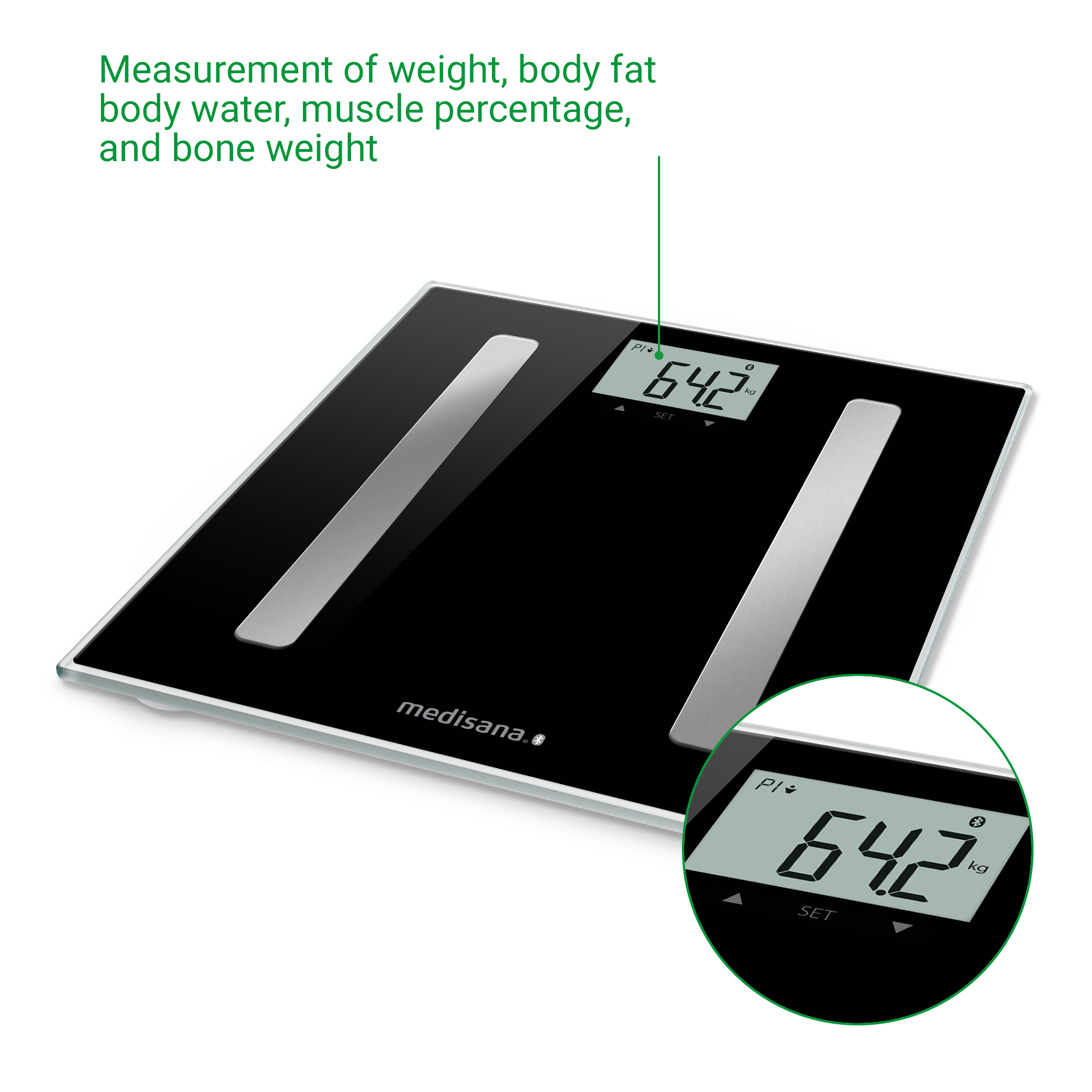 Een zwarte digitale weegschaal geeft 64,2 kg weer. Het scherm toont ook andere metingen zoals lichaamsvet en spieren.