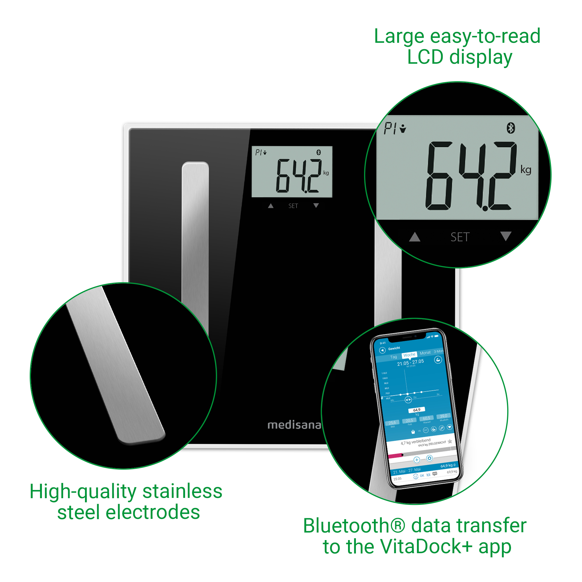 Een zwarte digitale weegschaal met een LCD-scherm en roestvrijstalen elektroden.