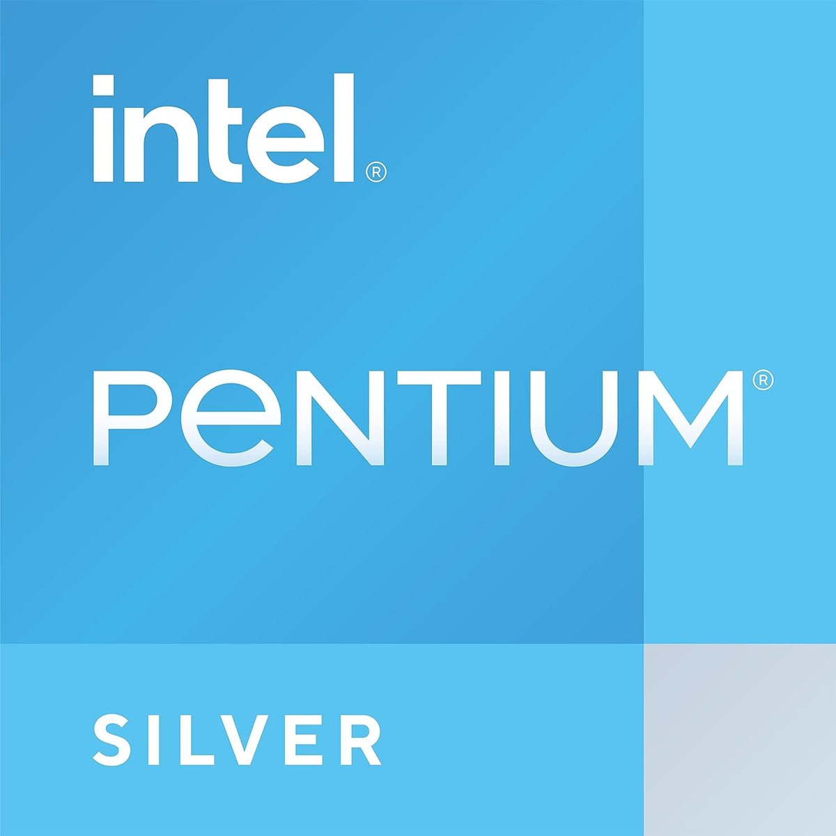Das Intel Pentium Silver Logo auf hellblauem Hintergrund. Das Wort Silver steht unten.