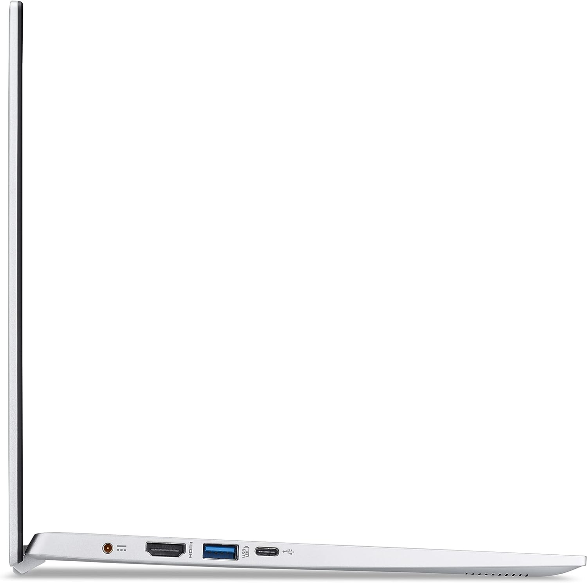 Ein silberner Laptop von der Seite. Er hat ein schlankes Design und Anschlüsse an der Seite. Weißer Hintergrund.