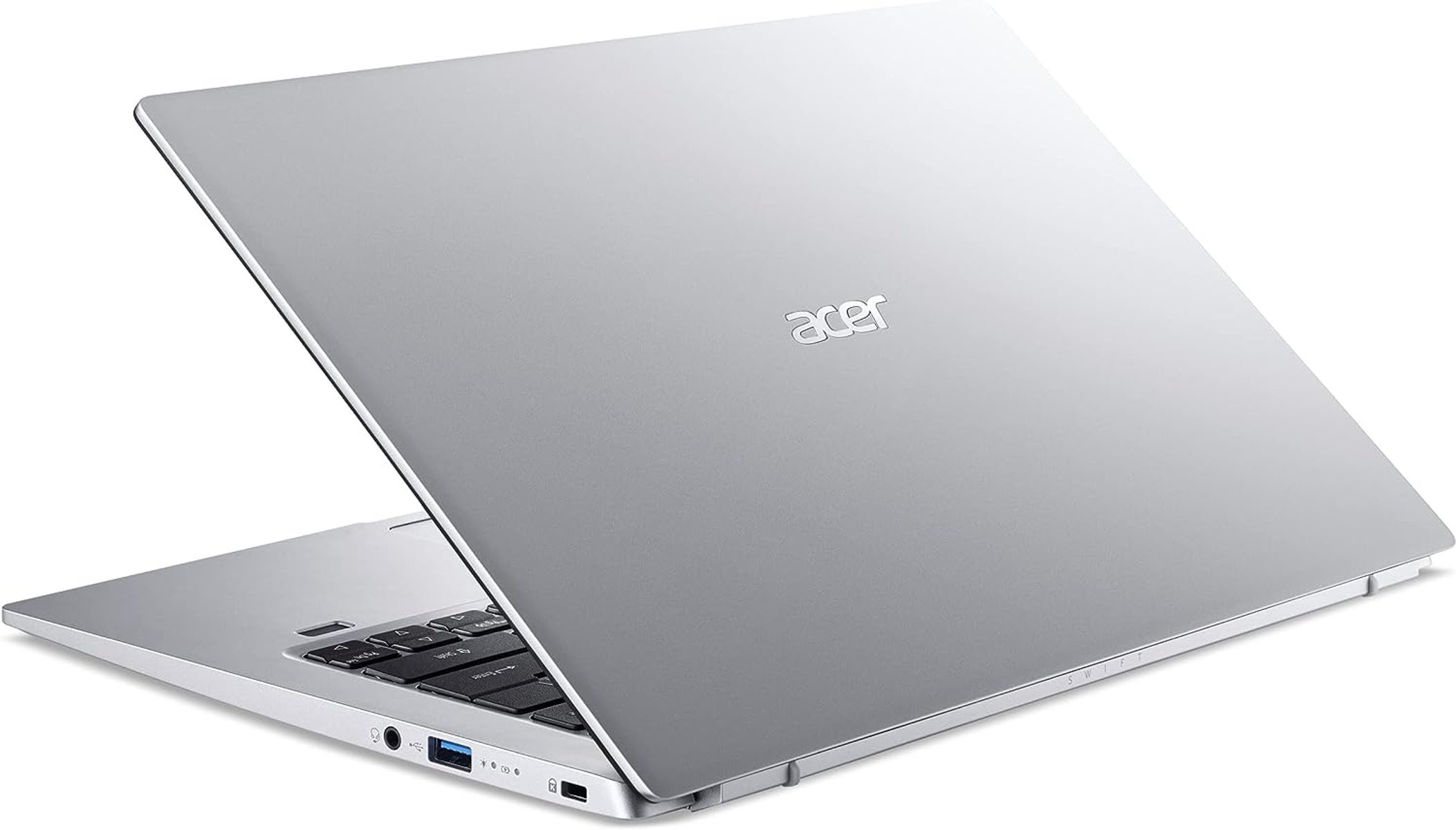 Ein silbernes Acer-Laptop ist geöffnet und abgewinkelt. Die Tastatur ist sichtbar, das Acer-Logo ist klar auf dem Deckel.