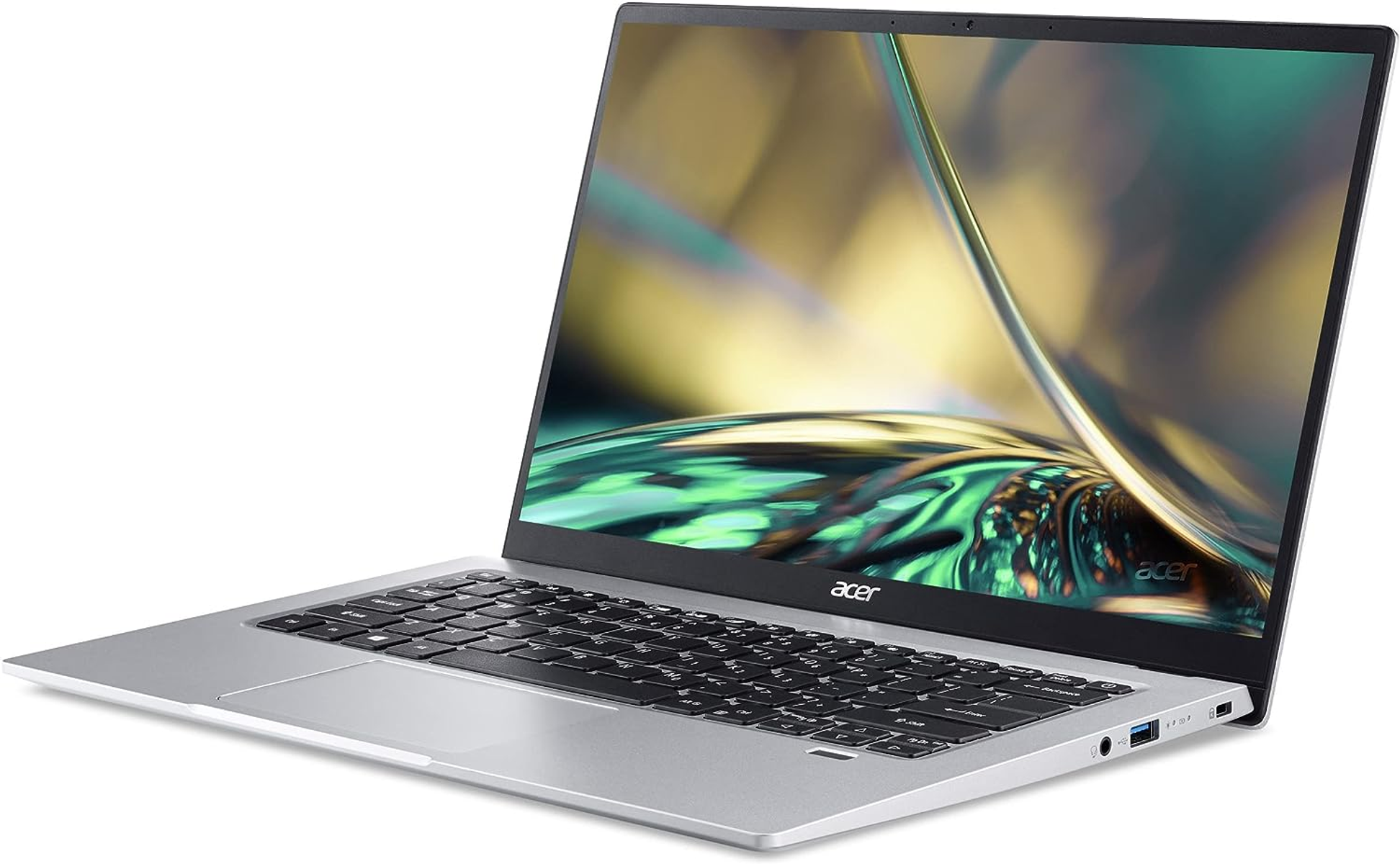 Silberner Laptop, geöffnet, zeigt Tastatur und Bildschirm, schräge Ansicht, auf weißem Untergrund.