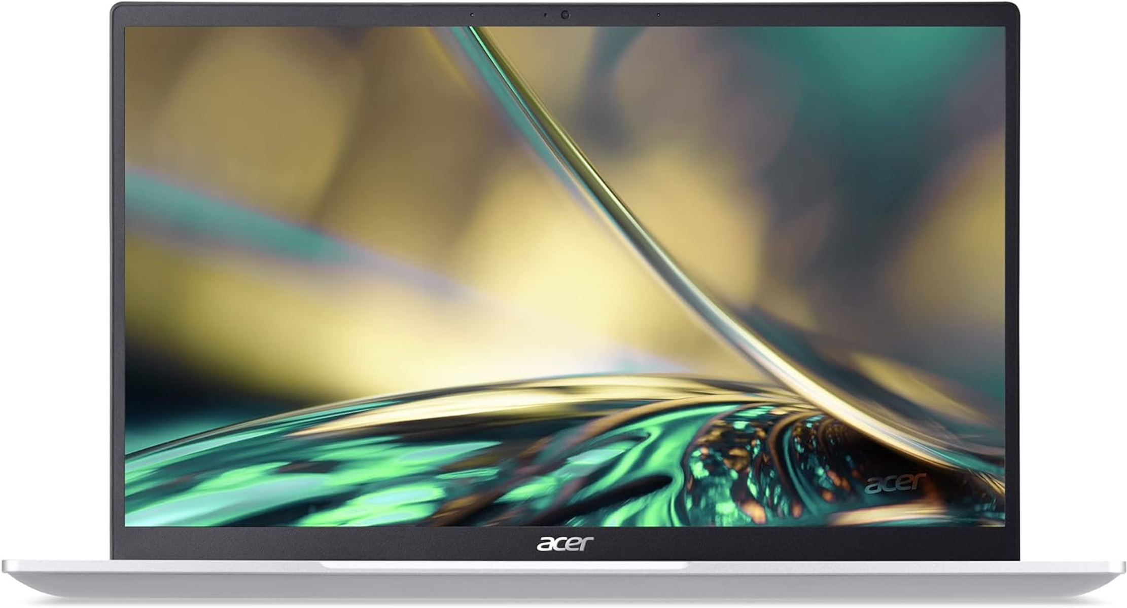 Silberner Laptop mit schwarzem Bildschirm, der ein abstraktes Bild anzeigt. Weißer Hintergrund.