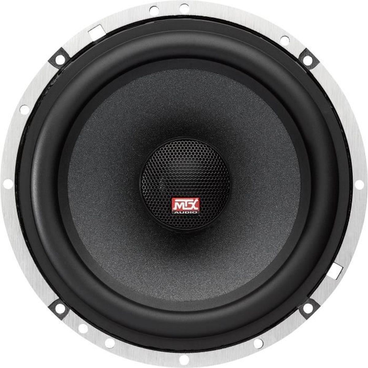 Schwarzer MTX Audio-Lautsprecher mit silbernem Rand und schwarzem Netz, auf weißem Hintergrund.