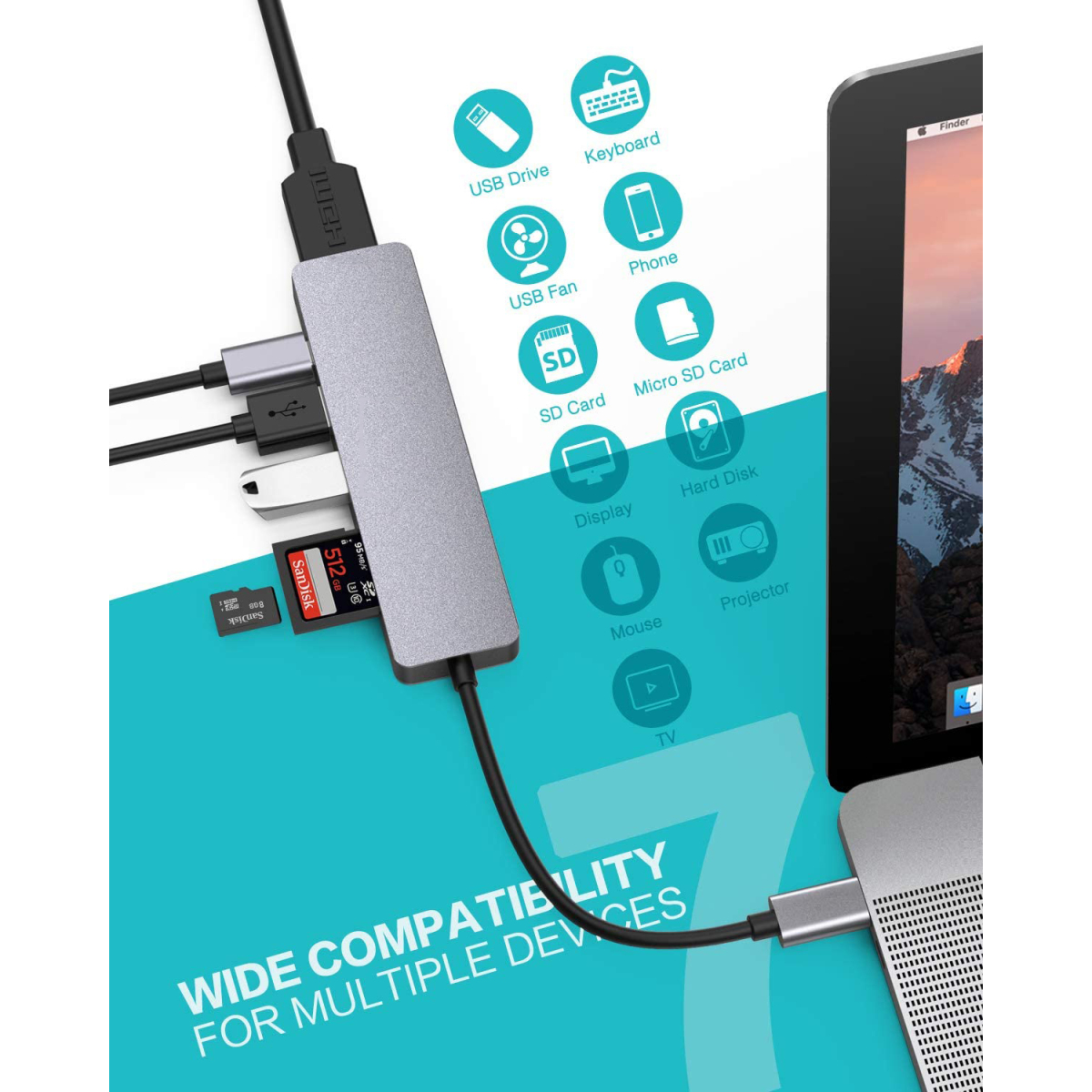 Silberner Hub mit mehreren Anschlüssen, die mit Geräten verbunden sind: USB, SD- und Micro-SD-Karten.