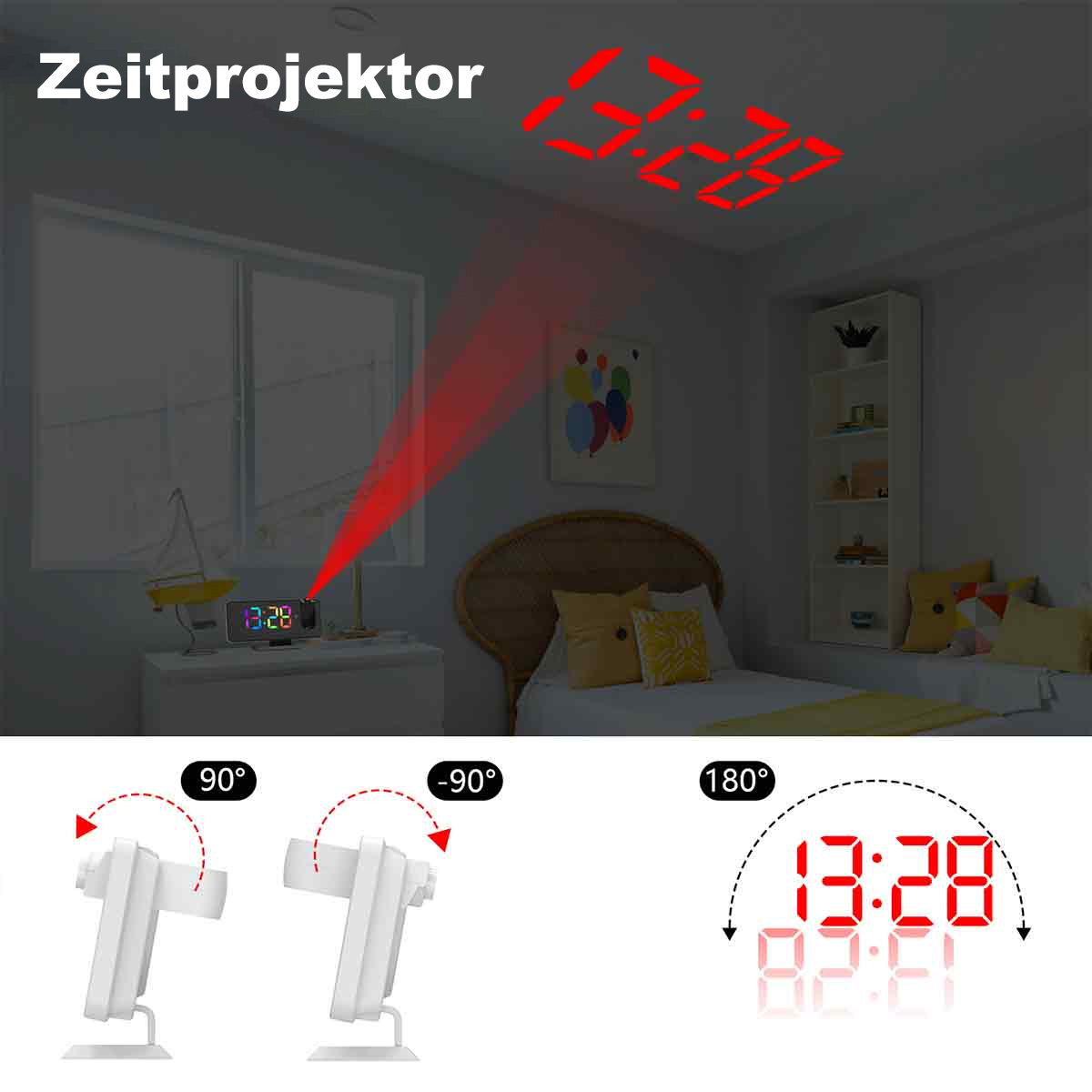 Schlafzimmerszene, eine Uhr projiziert die Zeit an die Decke, mit Steuerdiagrammen darunter.