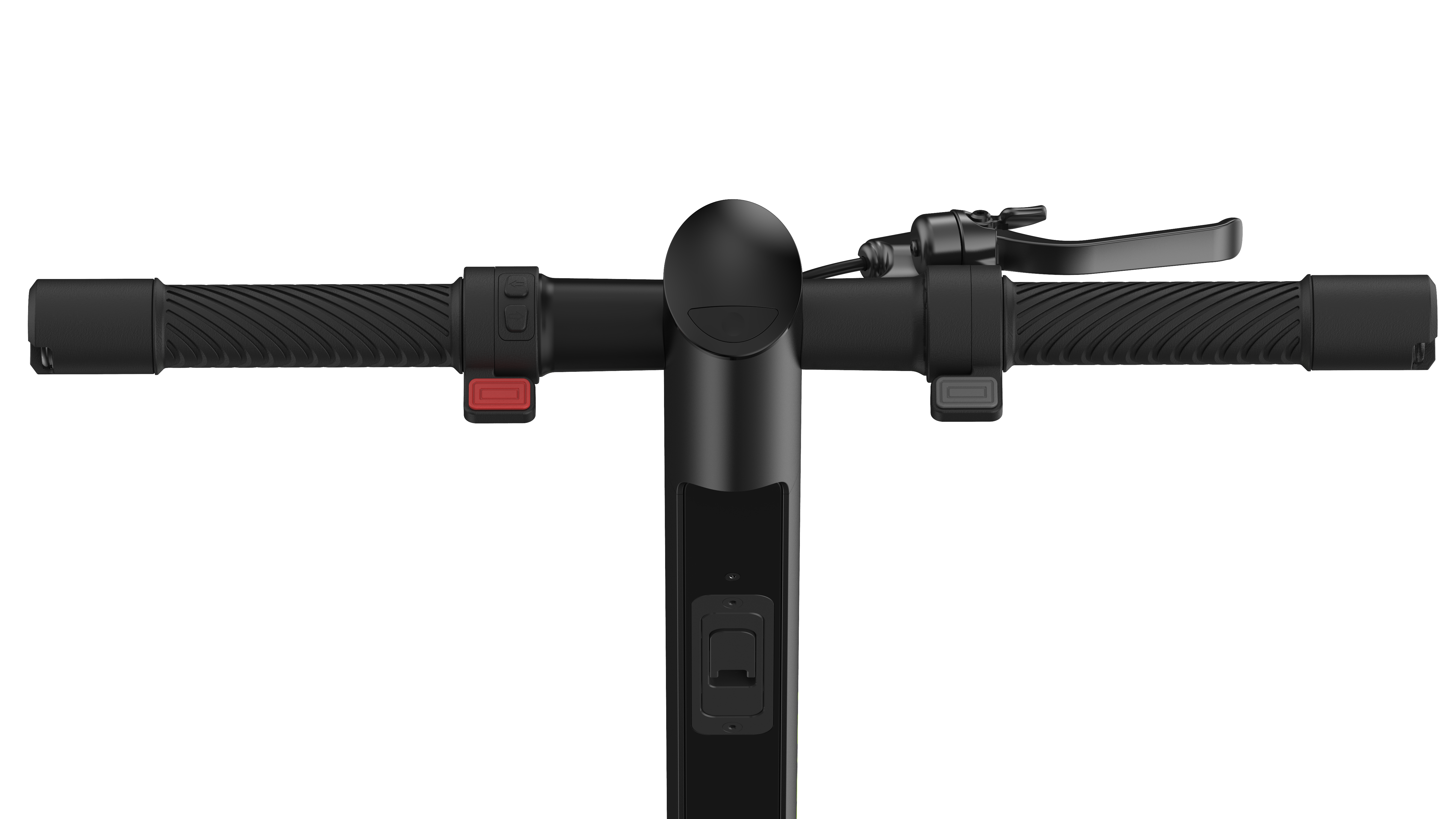 Der Lenker eines Rollers mit roten und grauen Knöpfen und einem schwarzen Griff.