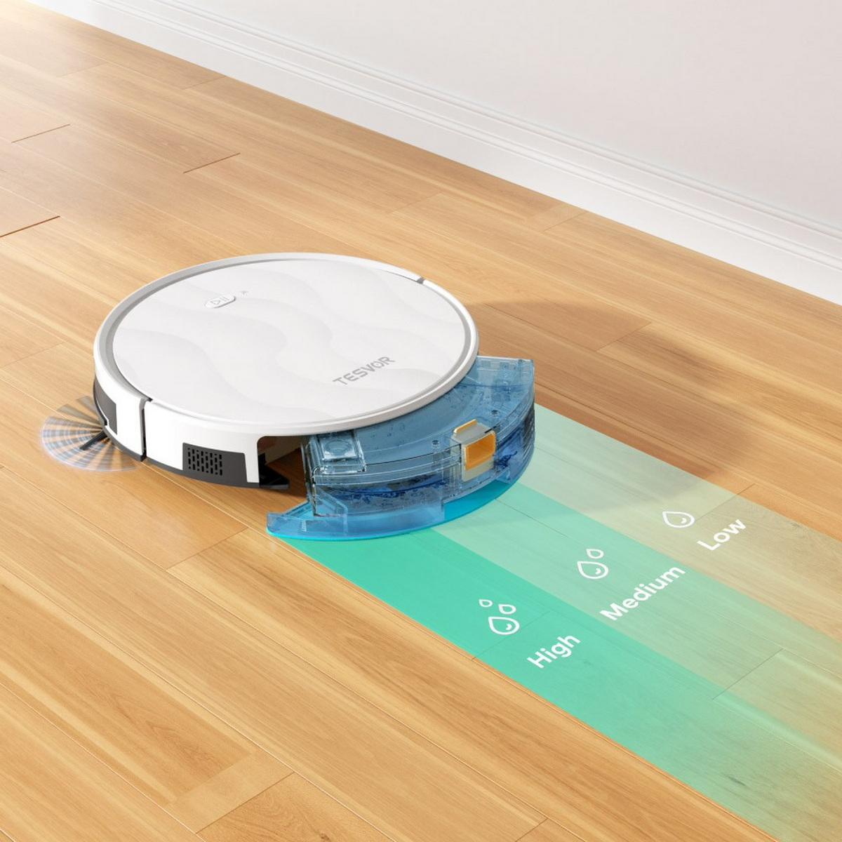 Aspiradora robot en un piso de madera, dejando un camino mojado. El piso es de madera.