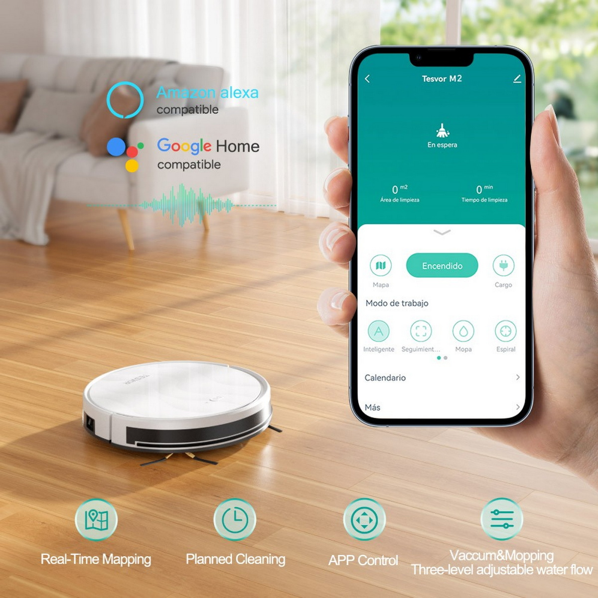 Robot aspirador y un teléfono que muestra la interfaz de la aplicación. Se ven iconos y texto.