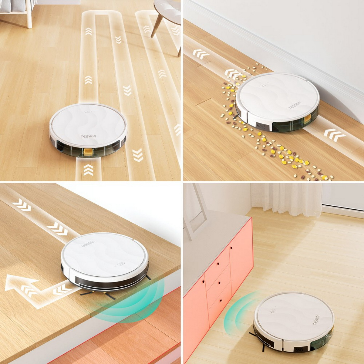 Cuatro imágenes de un robot aspirador, mostrando rutas de limpieza y evitando obstáculos.