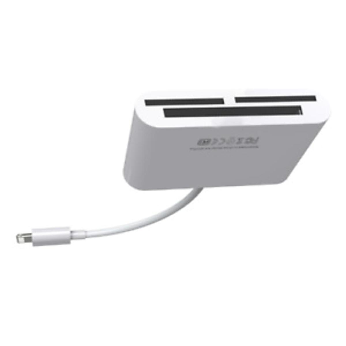 Weißes Kartenlesegerät mit weißem Kabel. Es hat zwei Steckplätze für Karten und einen Anschluss an ein Gerät.