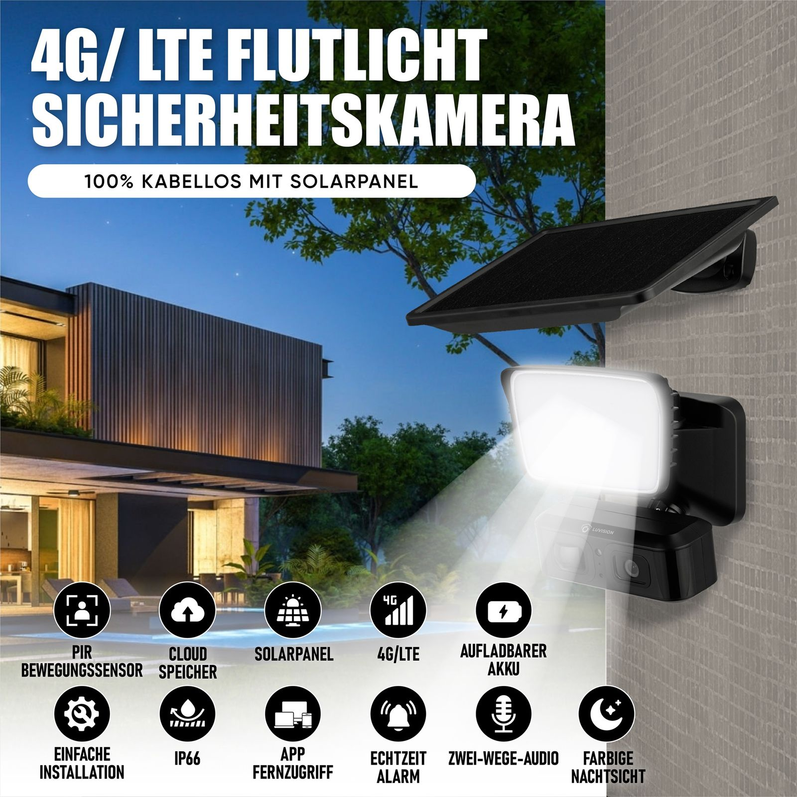 Sicherheitskamera mit Solarpanel. Außenszene mit Text und Symbolen. Schwarz-Weiß-Farben.