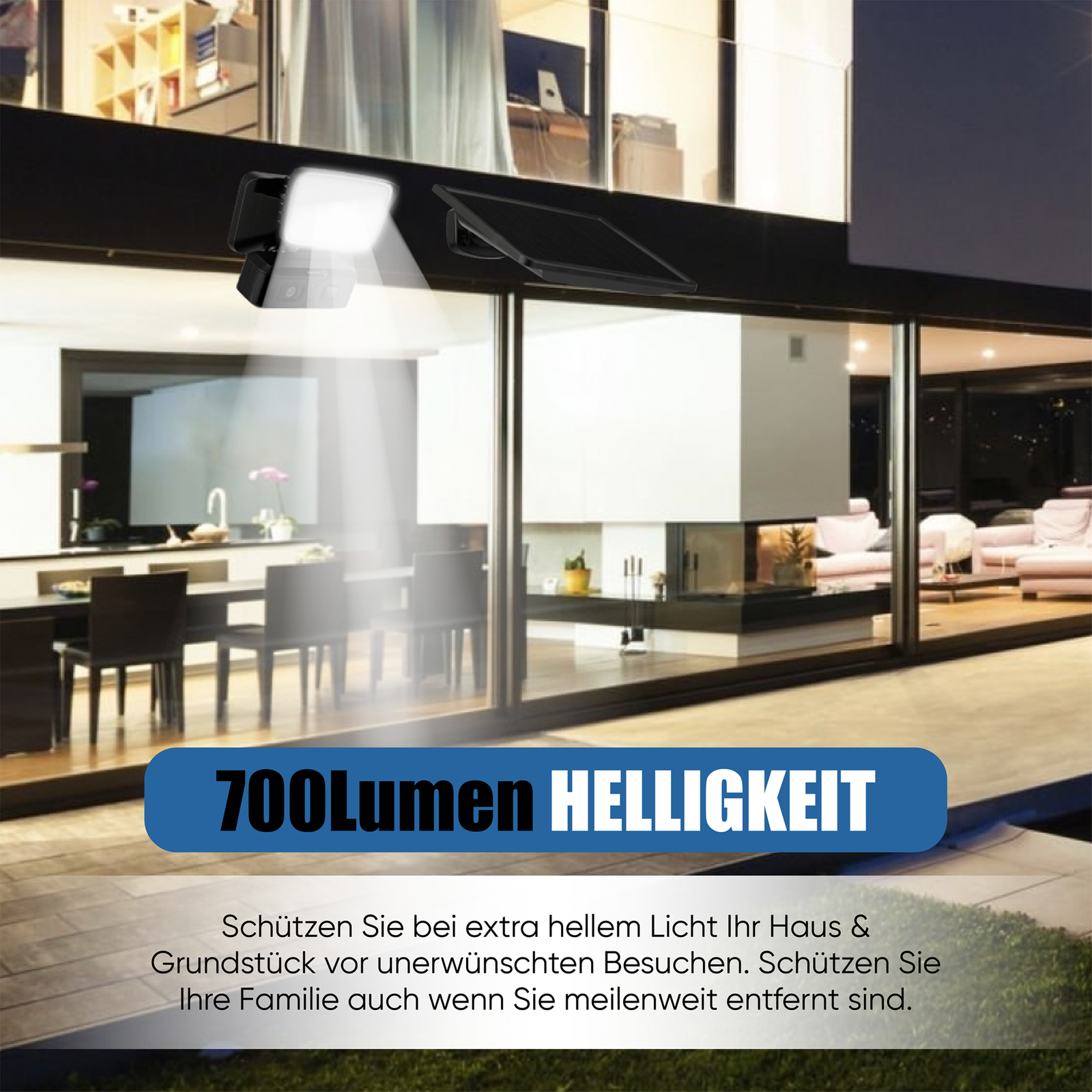 Haus, beleuchtet von einem Scheinwerfer bei Nacht, blauer Text: 700 Lumen Helligkeit.