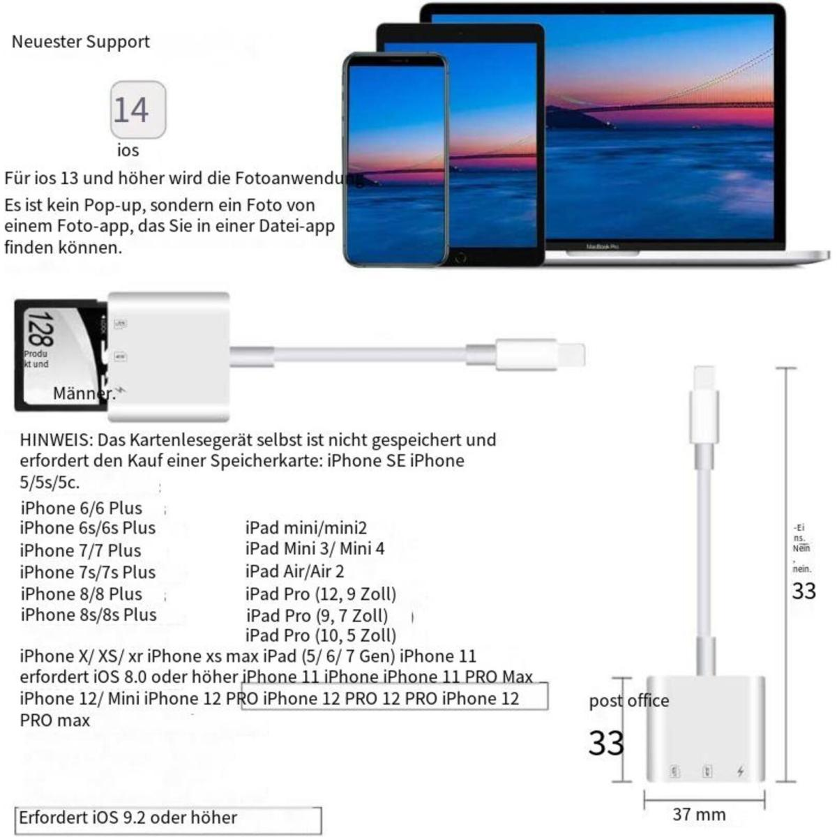 Ein Adapter mit Lightning- und USB-C-Anschluss, ein Telefon, Tablet und Laptop im Hintergrund. Text auf Deutsch.