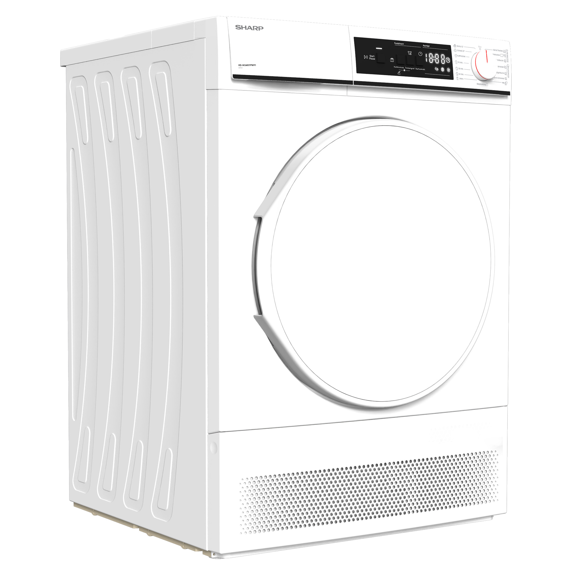 Weißer Sharp Trockner, schräge Ansicht. Front mit Tür, Bedienfeld und Lüftungsschlitzen. Sauberes, modernes Design.