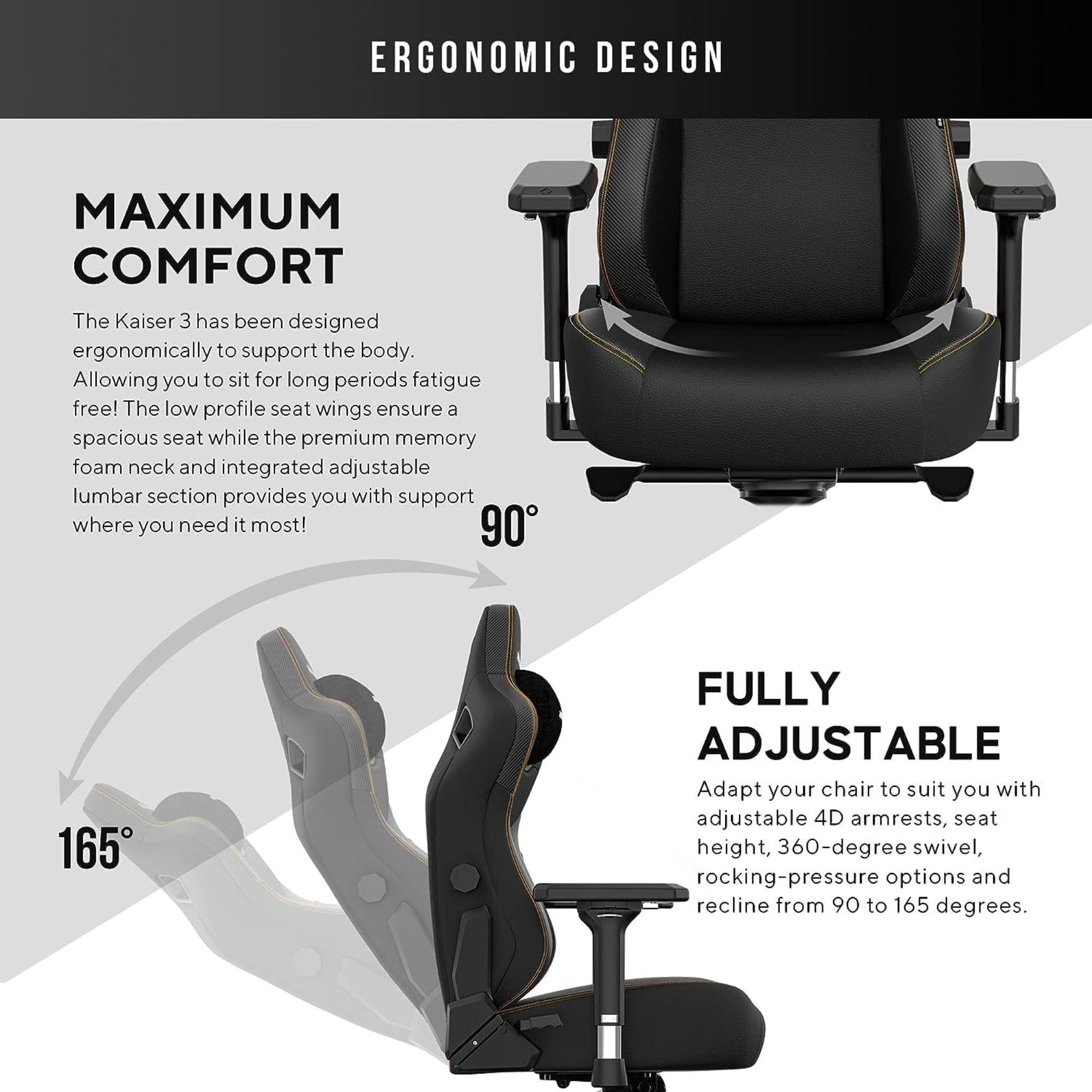 Zwarte gamingstoel met ergonomisch ontwerp. Met verstelbare armleuningen, zithoogte en rugleuning.