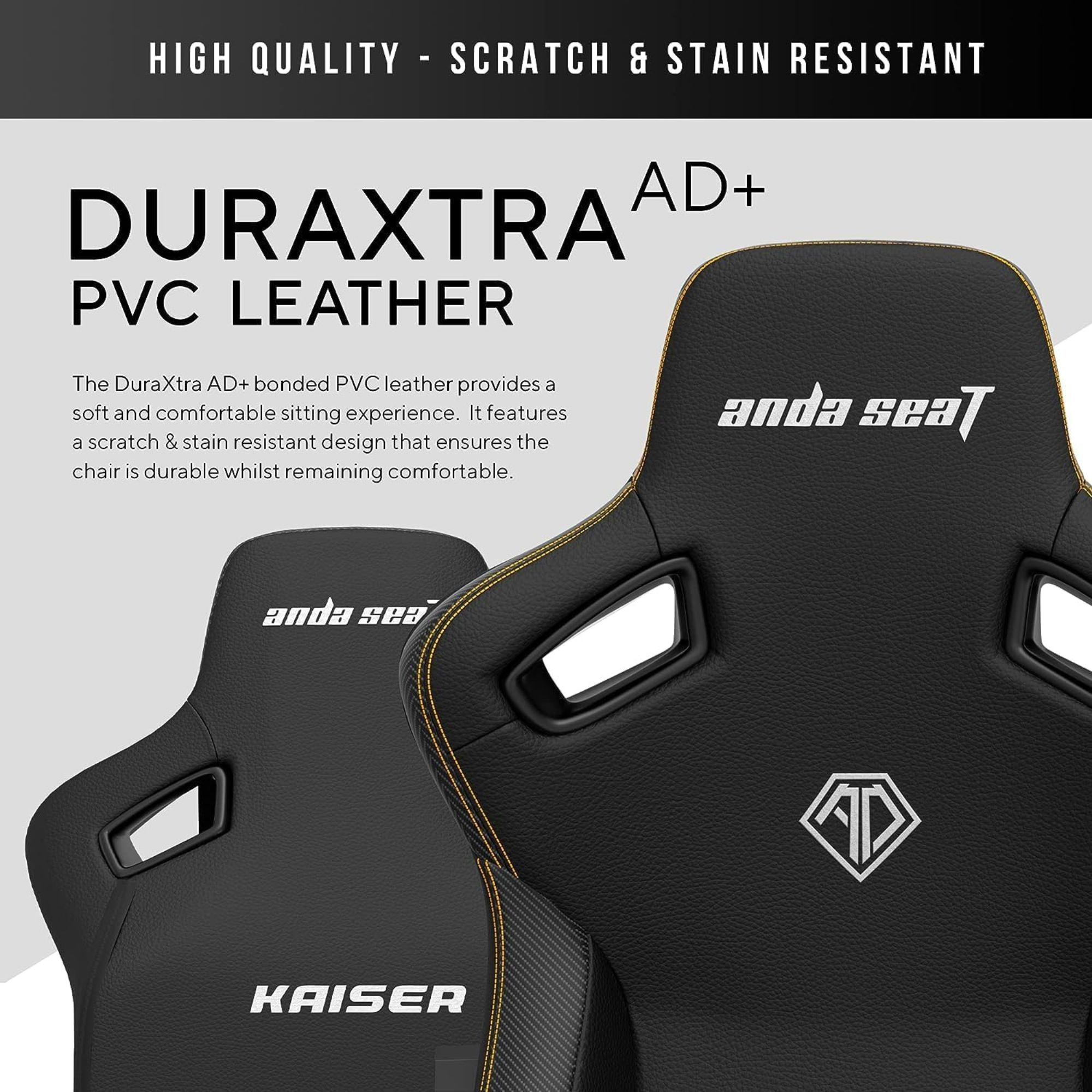 Close-up van een stoelleuning met tekst. Er staat DuraXtra PVC Leather en Kaiser.