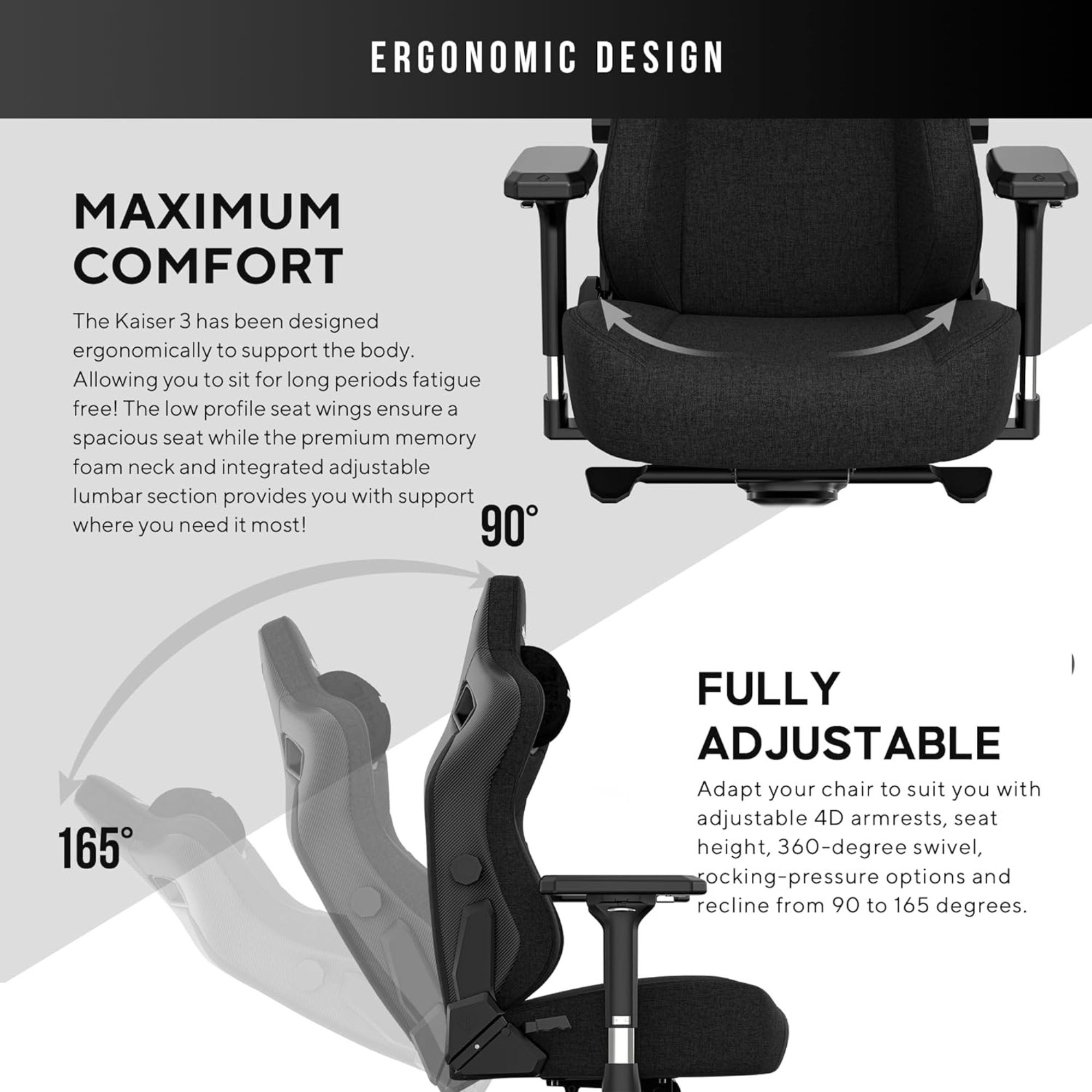 Gamingstoel met ergonomisch ontwerp, verstelbare armleuningen en een verstelbare rugleuning.