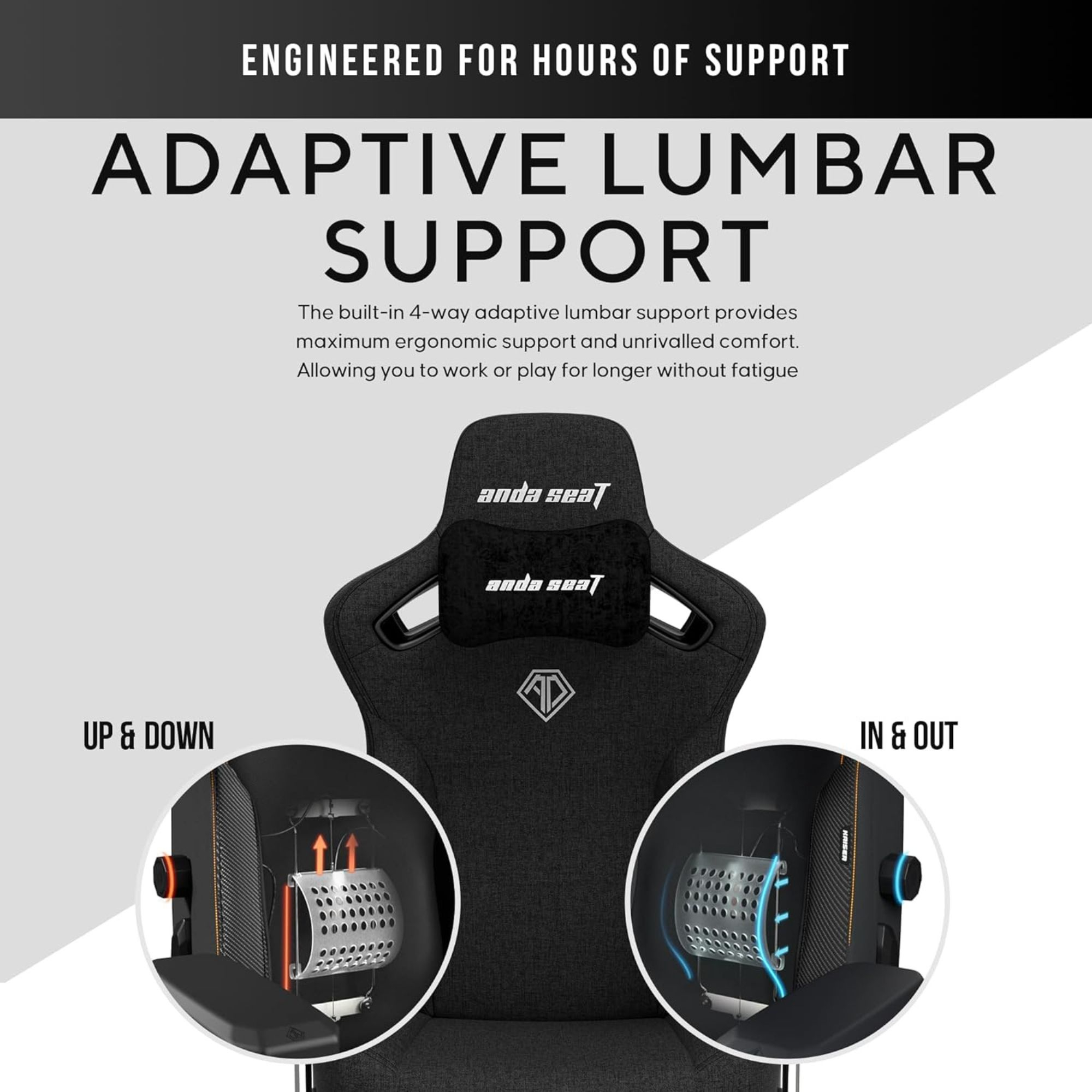 Ergonomische gamingstoel, met lendensteun, in/uit, op/neer verstelbaar.